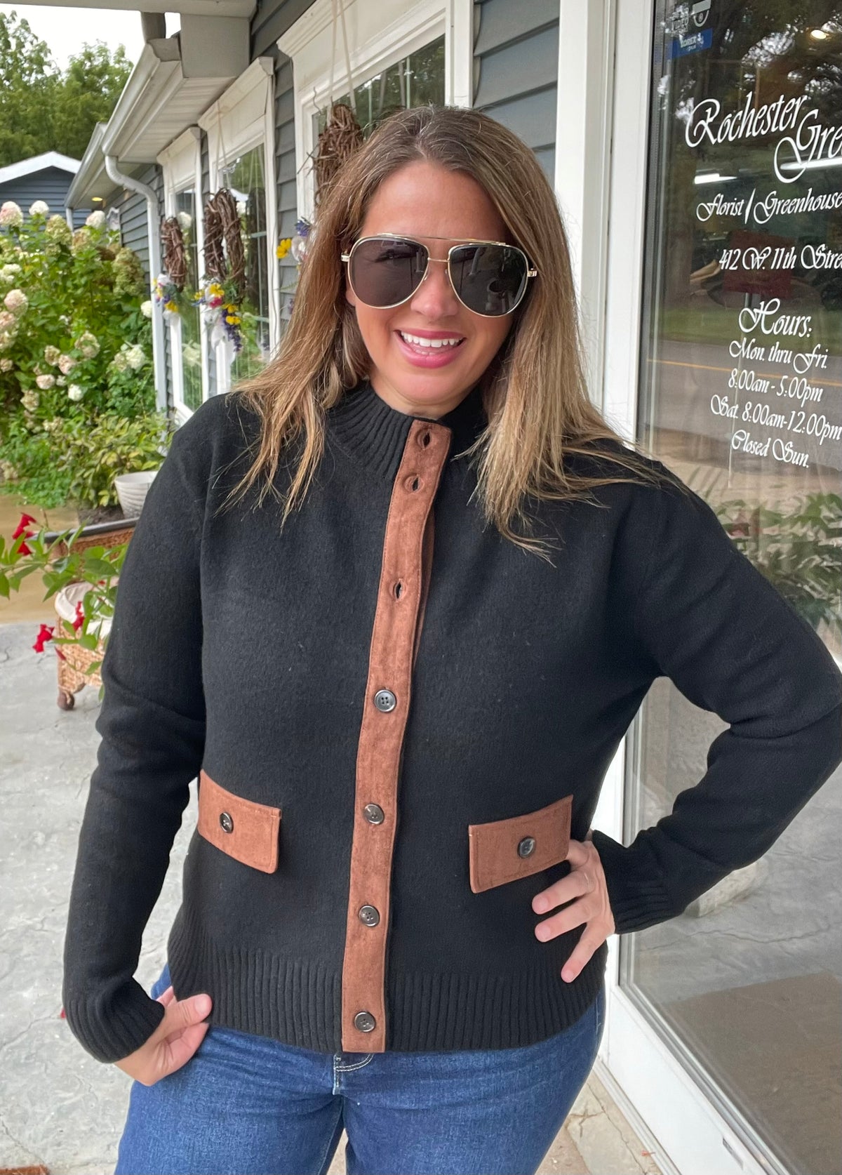 Black Mock Neck Suede Trim Button Down Sweater Jacket