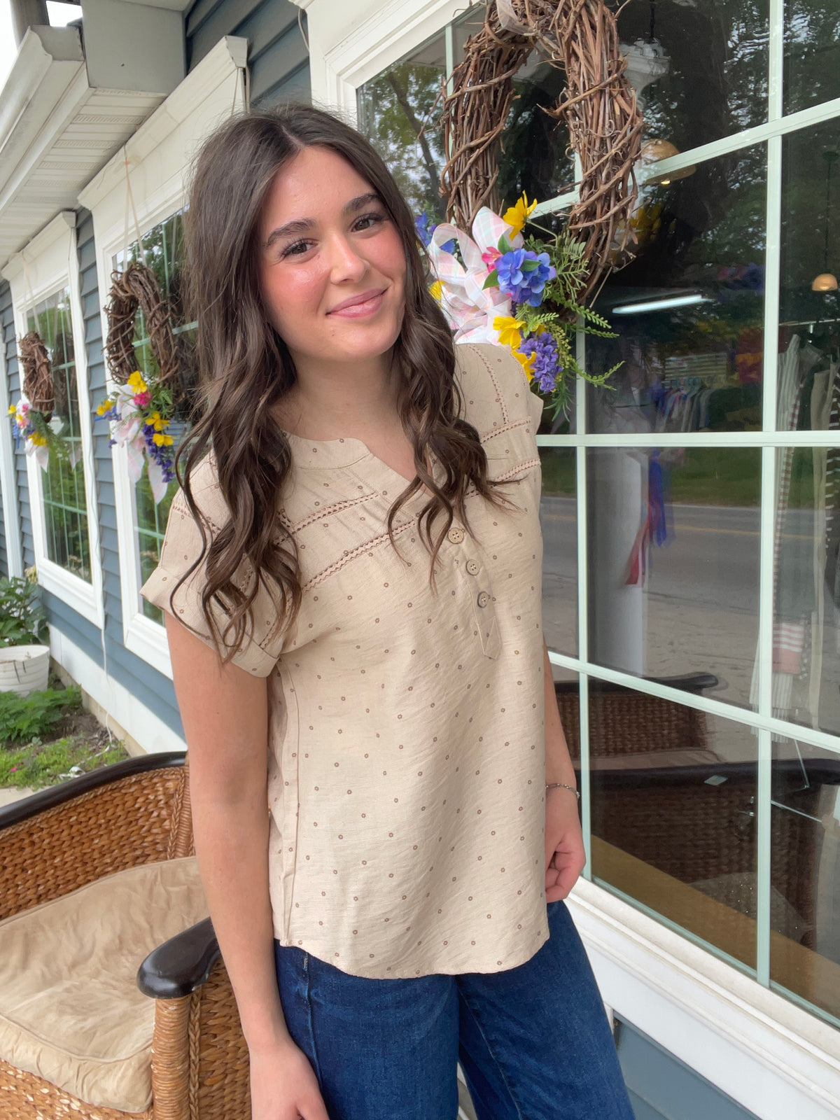 KHAKI DOT PATTERN V NECK WOVEN TOP W/ LINE LACE AND BUTTON NECKLINE