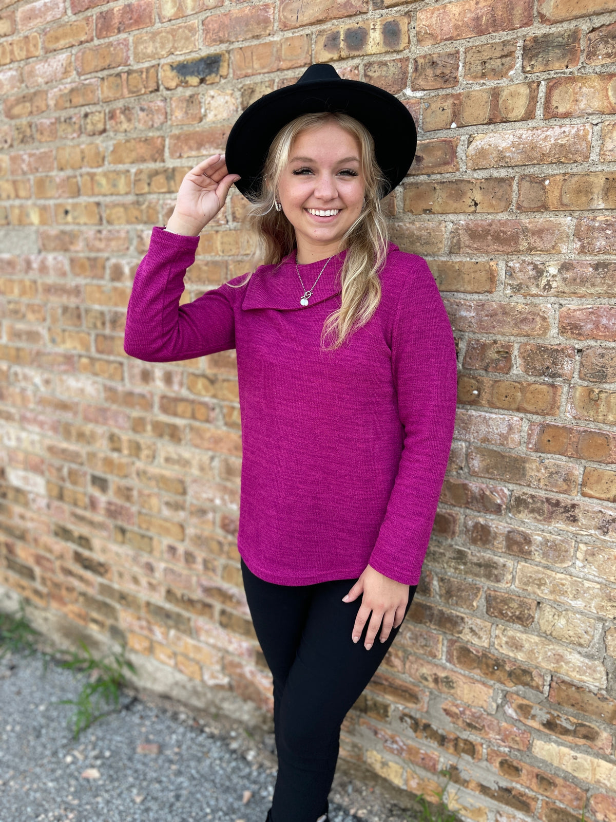 PLUM HEATHERED COWL NECK KNIT TOP