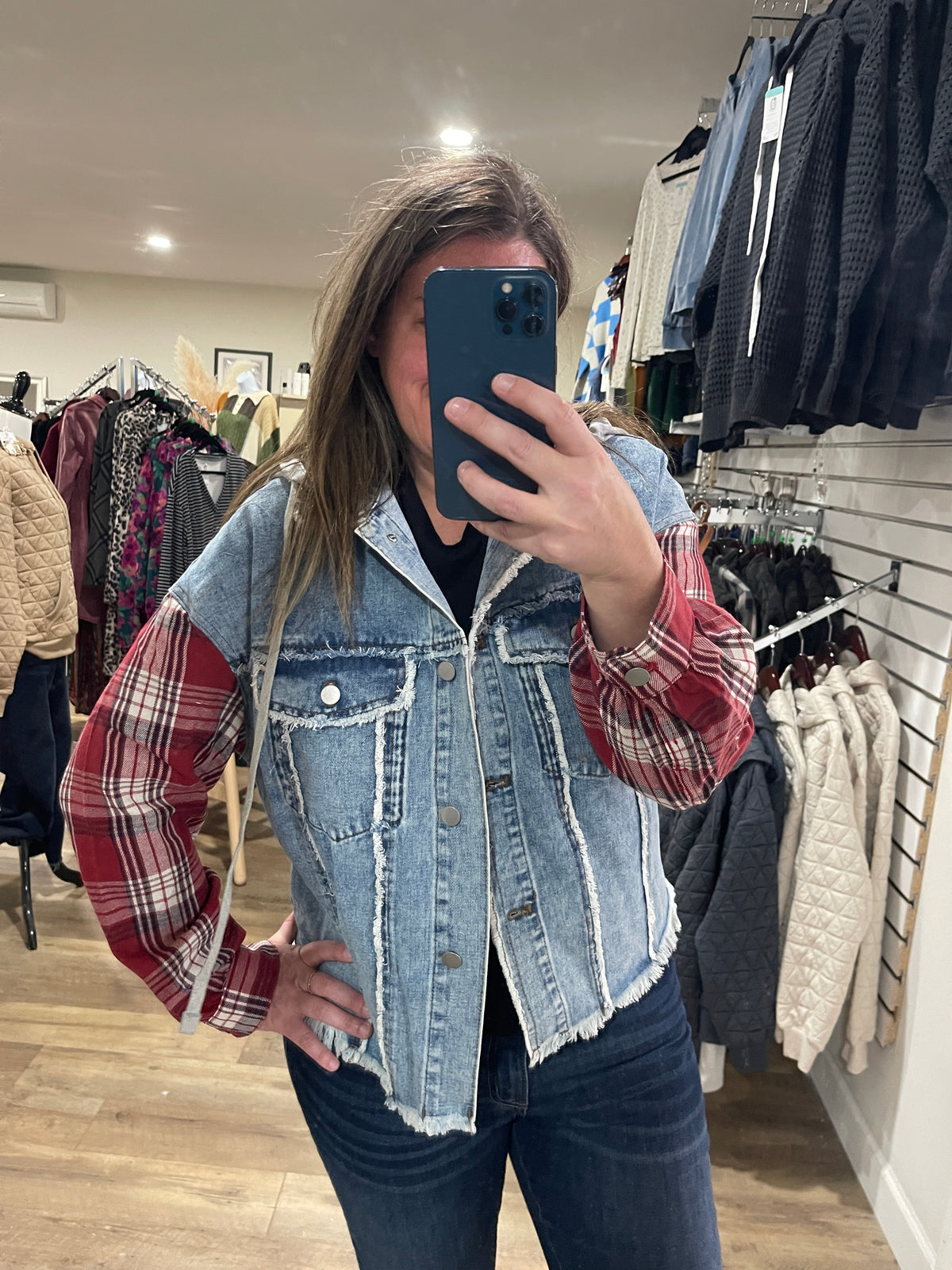 DENIM JACKET W/ PLAID SLEEVES AND REMOVEABLE HOOD