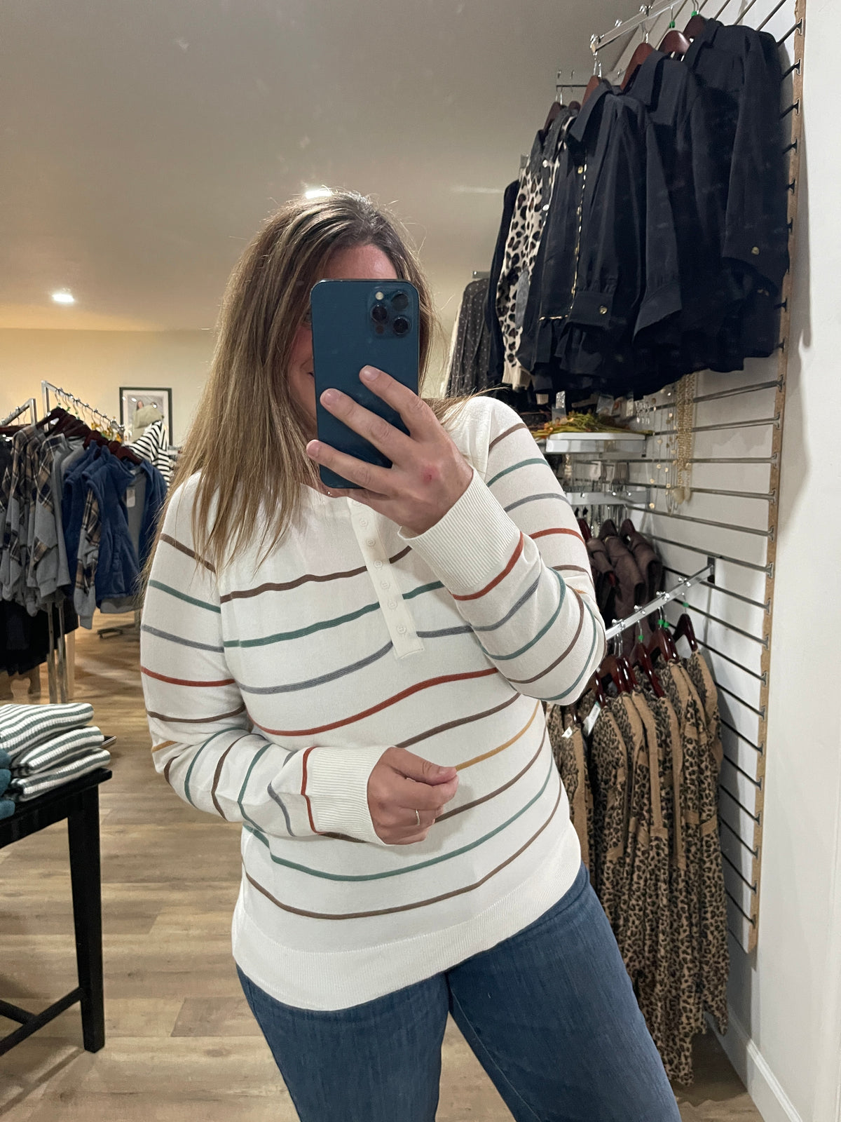 Ivory Multi Color Stripe Half Buttons Raglan Sleeve Pullover Knit