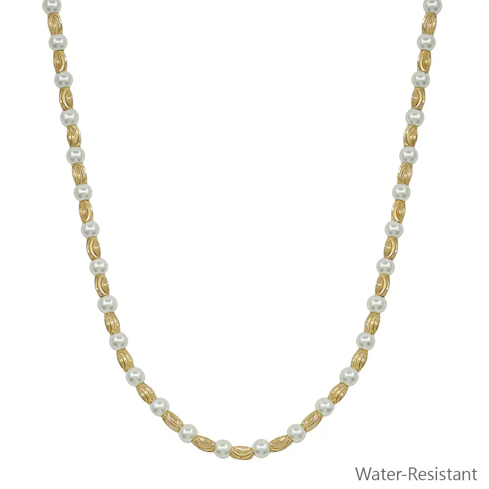 Water Resistant Gold Textured Oval with Pearl Beaded 16"-18" Necklace