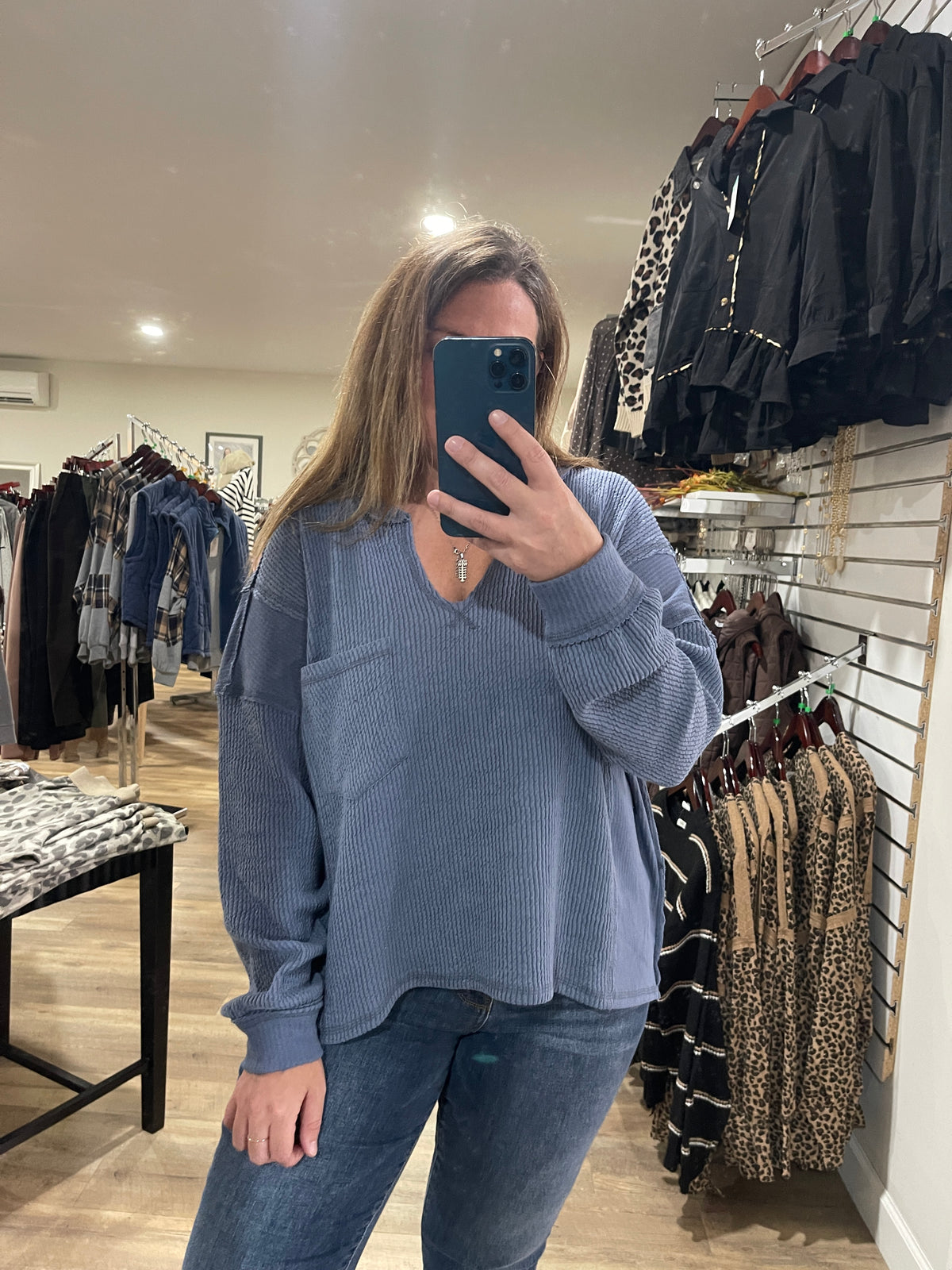 DENIM BLUE TEXTURED LOOSE FIT V NECK KNIT TOP