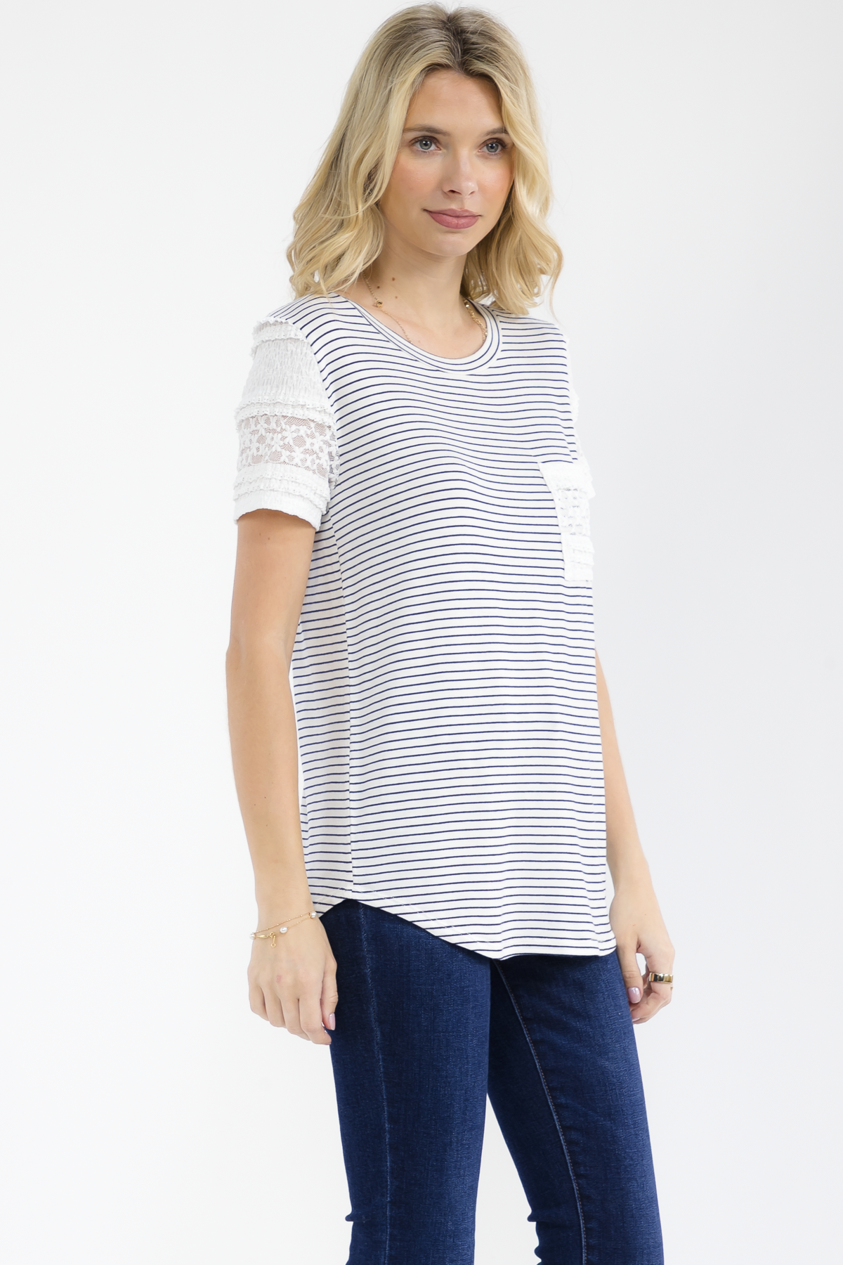 BLACK AND WHITE STRIPED KNIT TOP W/ LACE TRIM