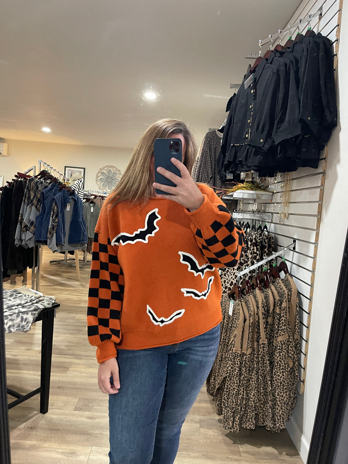 ORANGE CHECKERED BAT SWEATER