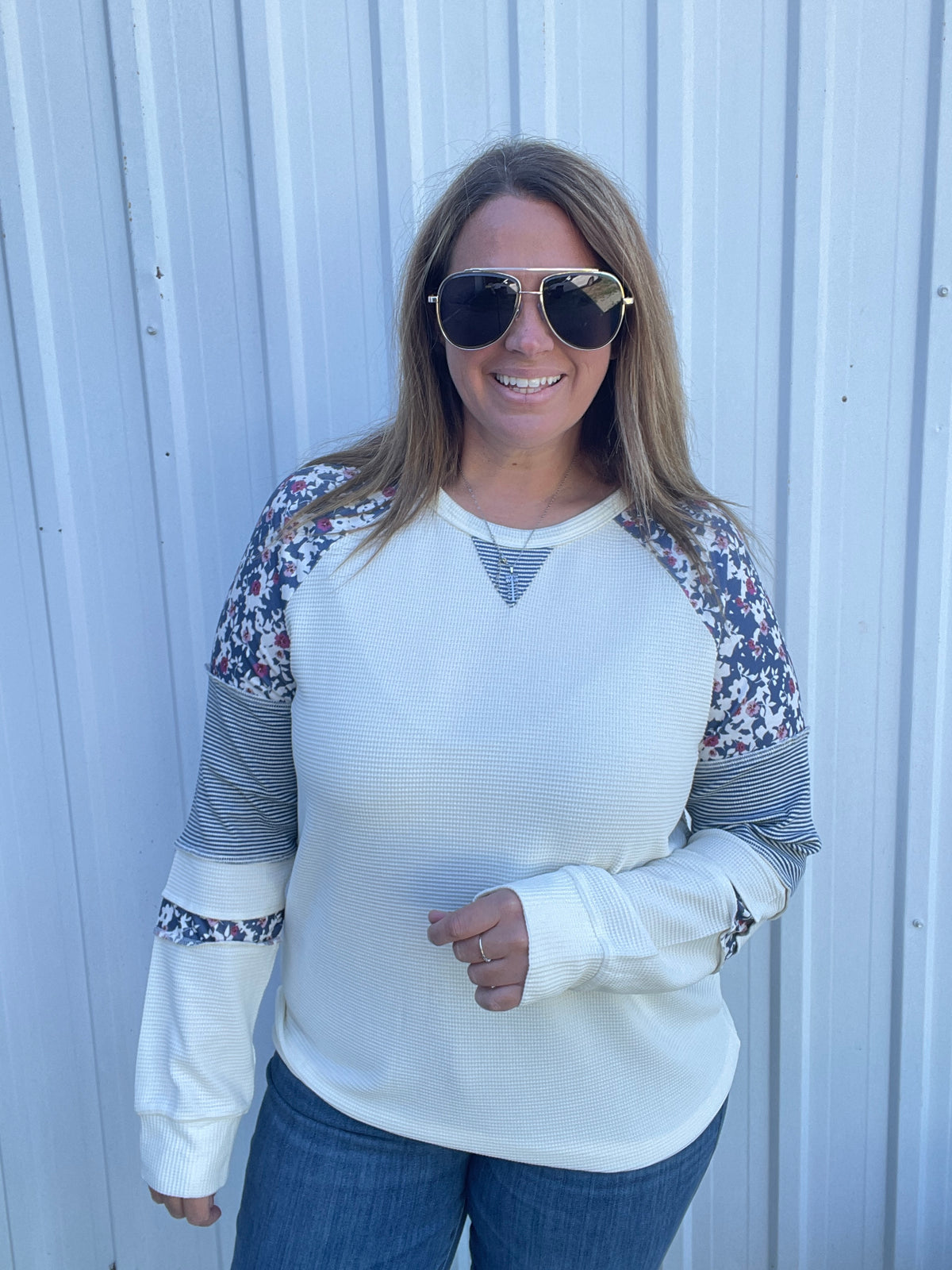 Ivory/Blue Floral Print And Stripe Blocked, Long Sleeve Waffle Top