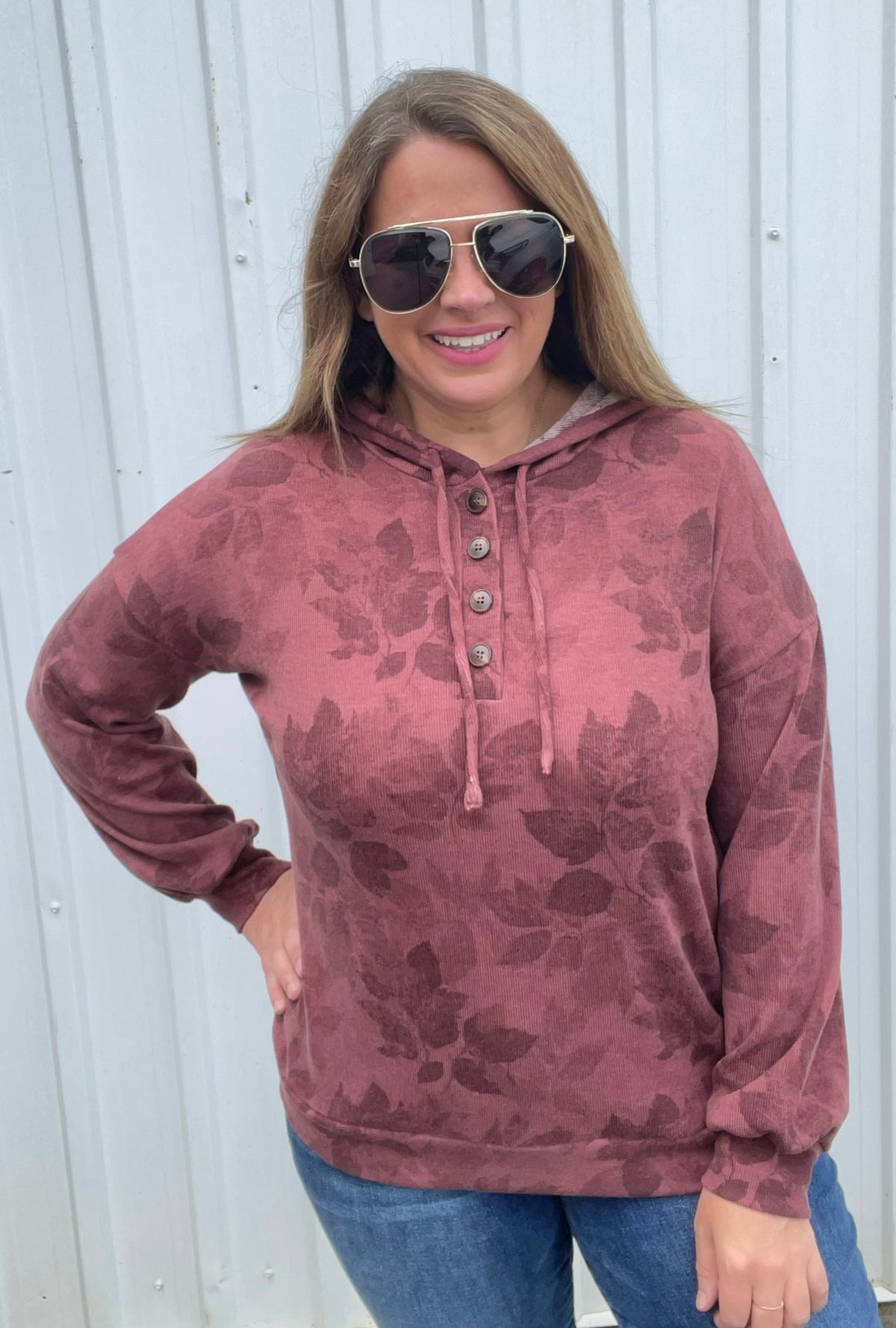 MARSALA Half Button, Long Sleeve, Floral Printed Drawstring Hoodie