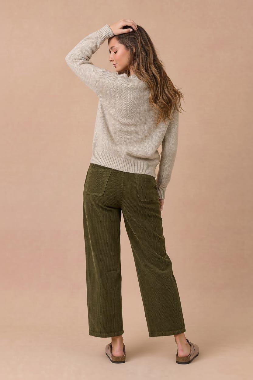 OLIVE CORDED BARREL PANTS