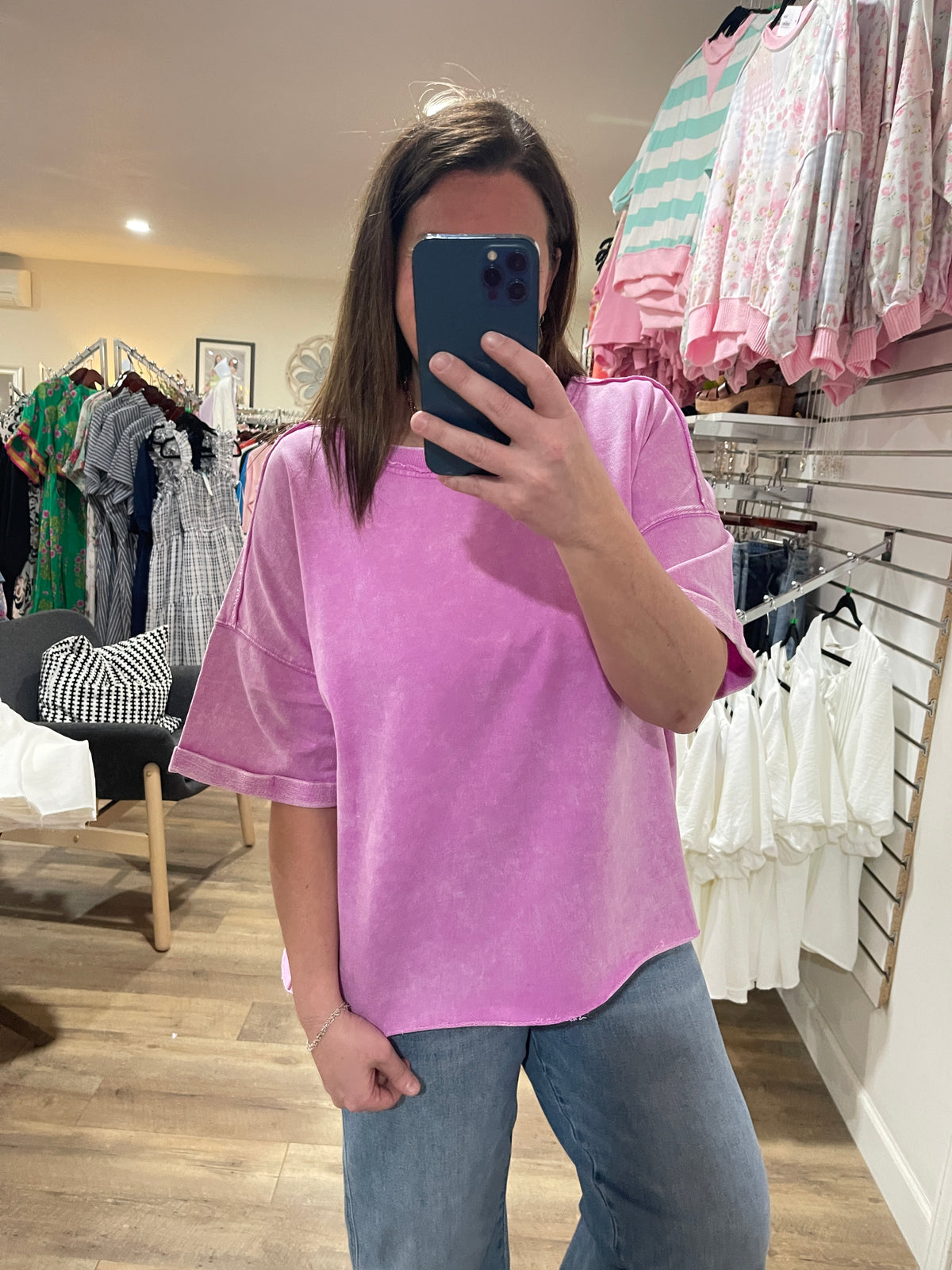 BRIGHT MAUVE MINERAL WASH LOOSE FIT TOP W/ RAW HEM