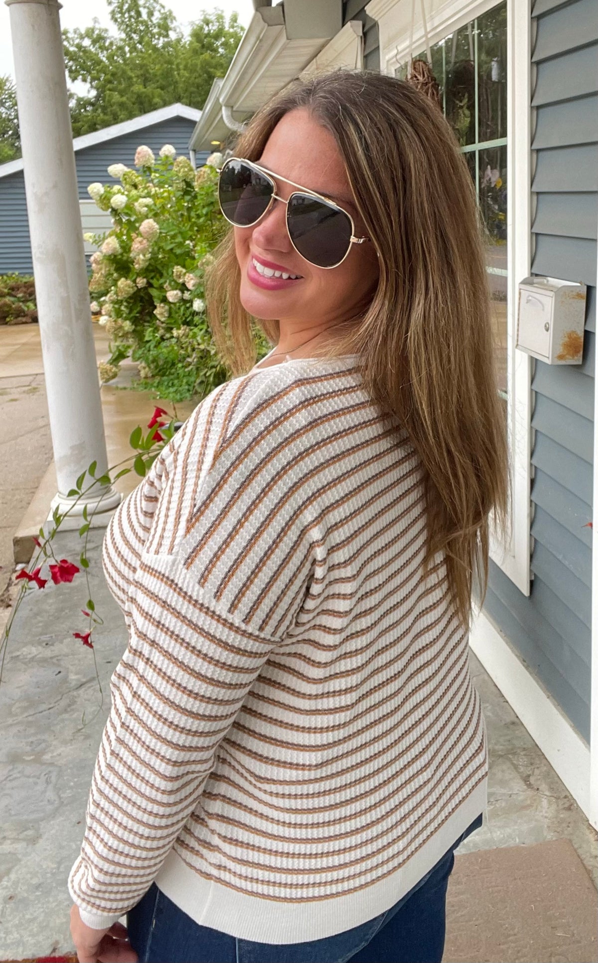 MOCHA/MUSTARD Multi Color Stripes Textured Wide Crew Neck Pullover Sweater