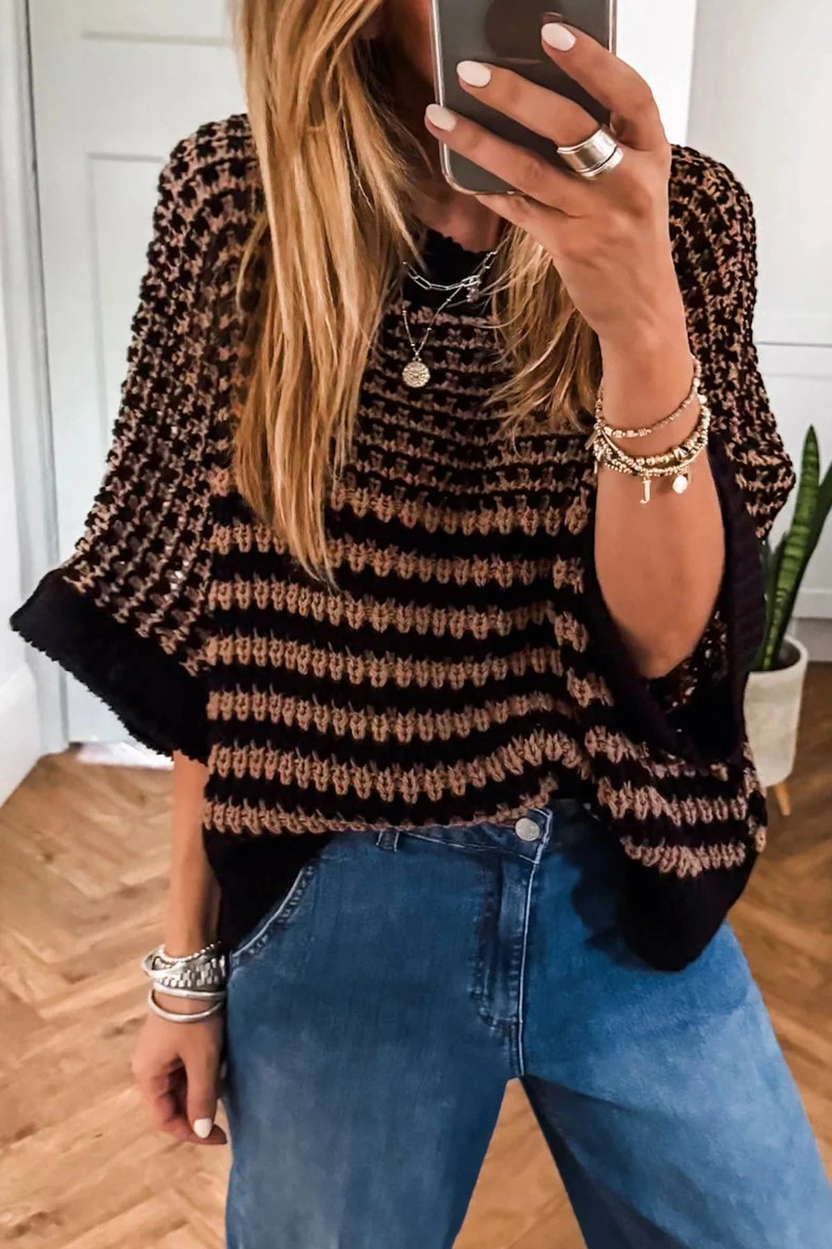 BLACK/BROWN KNIT HALF SLEEVE SWEATER