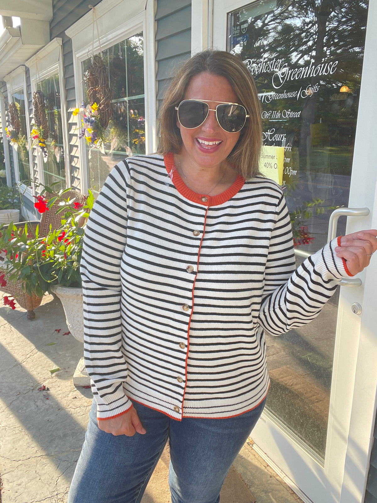 IVORY/ORANGE Color Accent, Long Sleeve, Button Down, Striped SWEATER