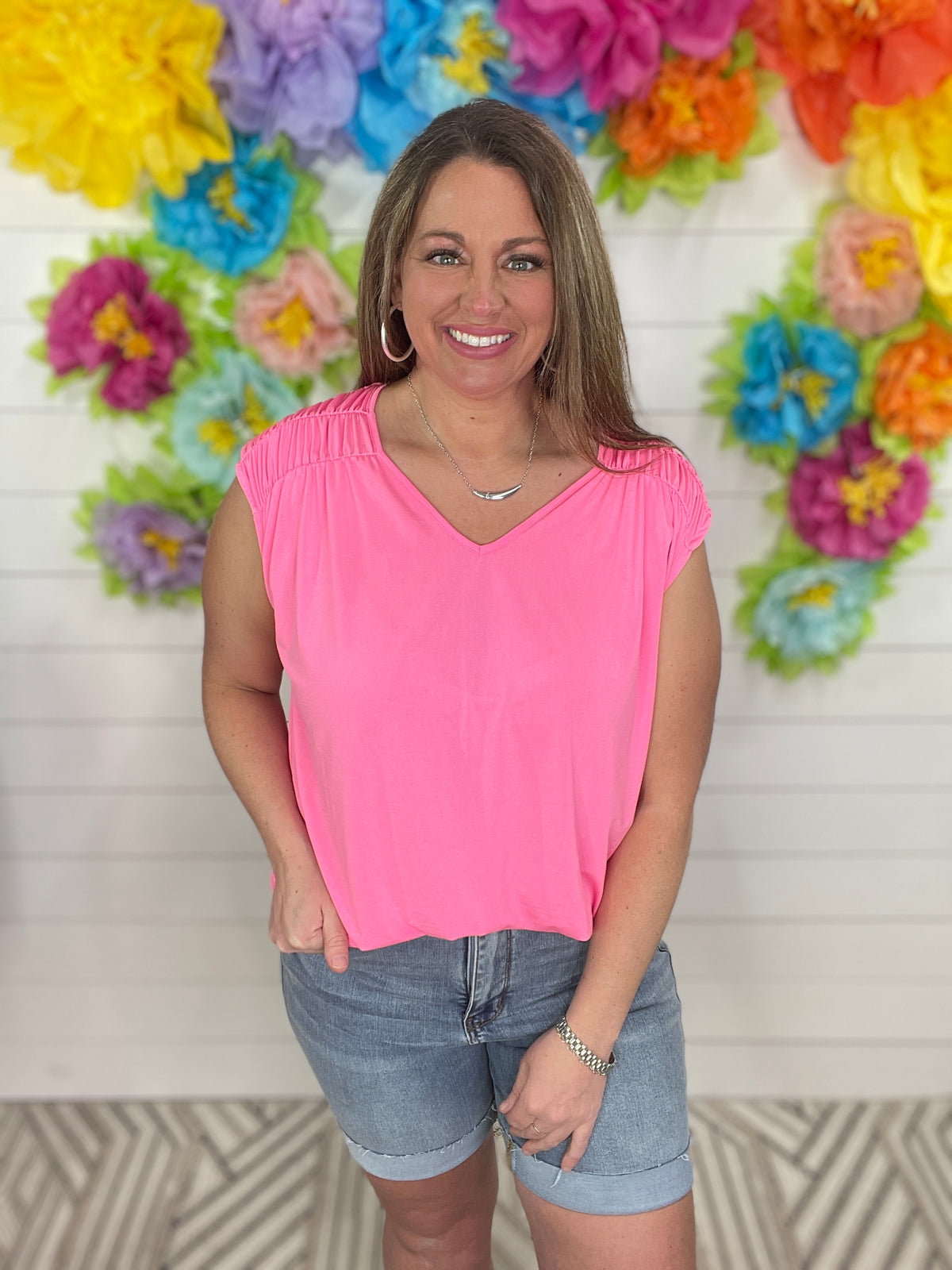 NEON PINK WRINKLE FREE TOP  W/ SMOCKED SHOULDER AND TIE BACK