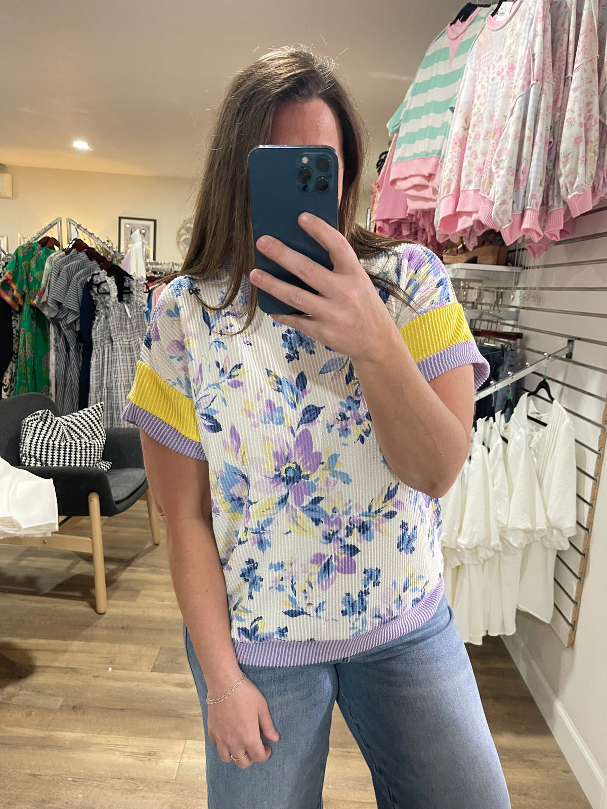 WHITE/BLUE/LAV/YELLOW FLORAL RAISED RIBBED KNIT TOP
