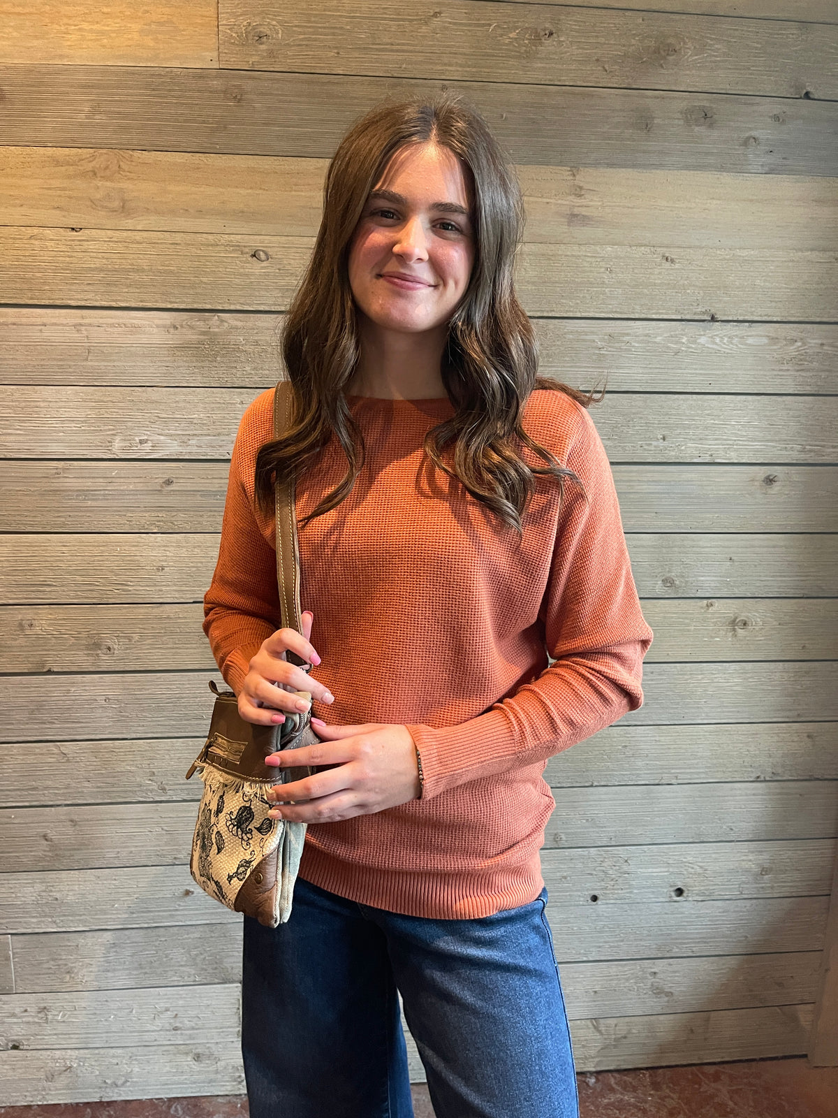 RUST Crew Neck Long Dolman Sleeve Mini Waffle Textured Sweater