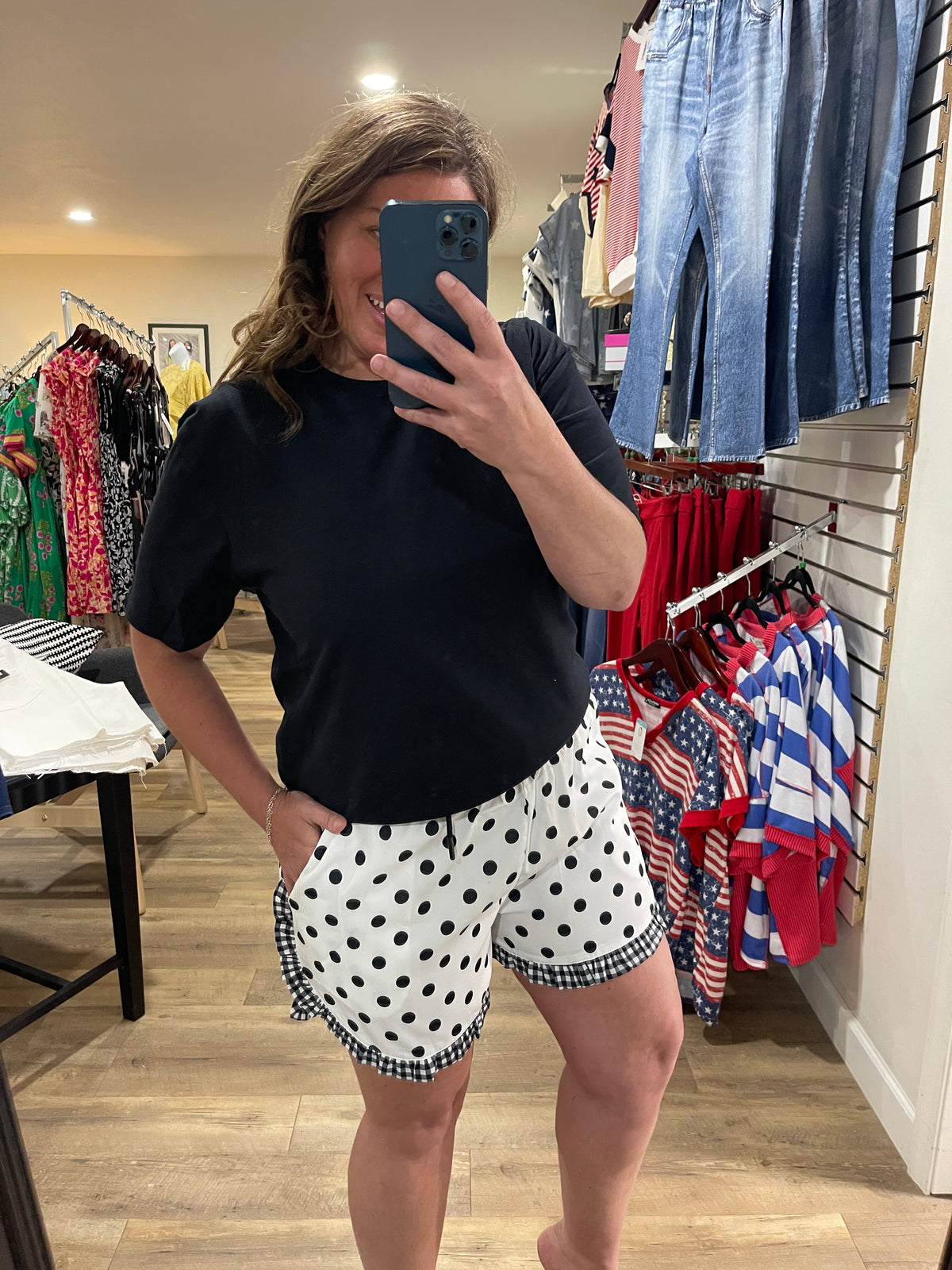 WHITE POLKADOT/GINGHAM TRIM DRAWSTRING SHORT