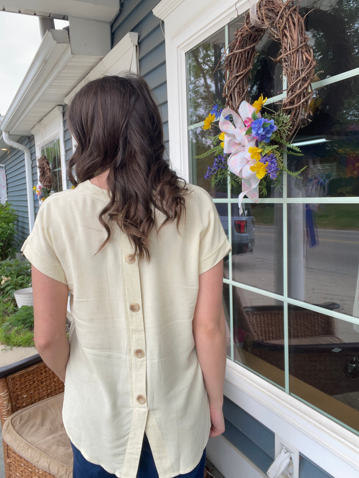 BUTTER YELLOW V NECK WOVEN TOP W/ BACK BUTTON DETAIL