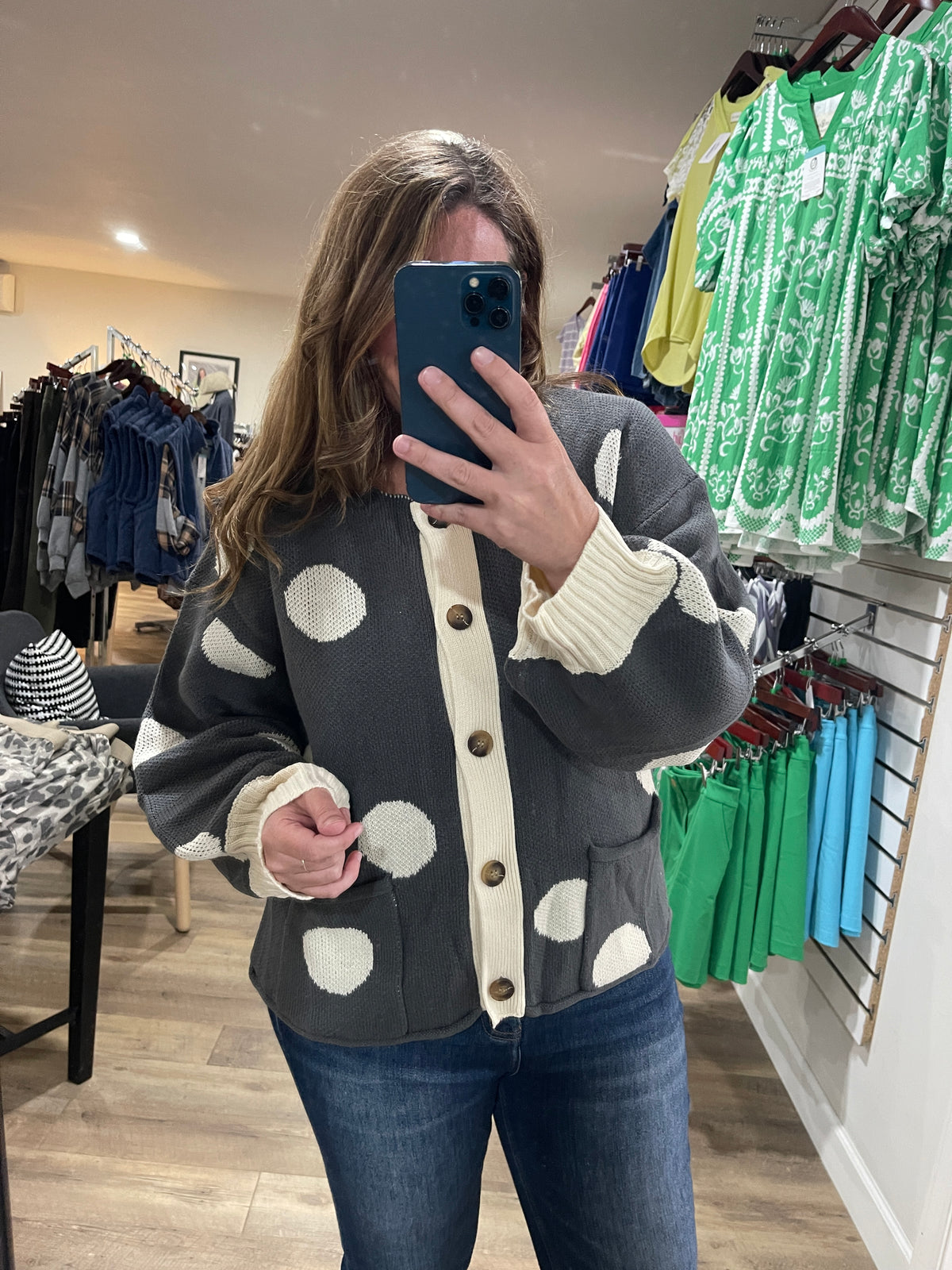 CHARCOAL Round Neck Button Down Long Sleeve Polka Dot Jacquard Sweater Cardigan