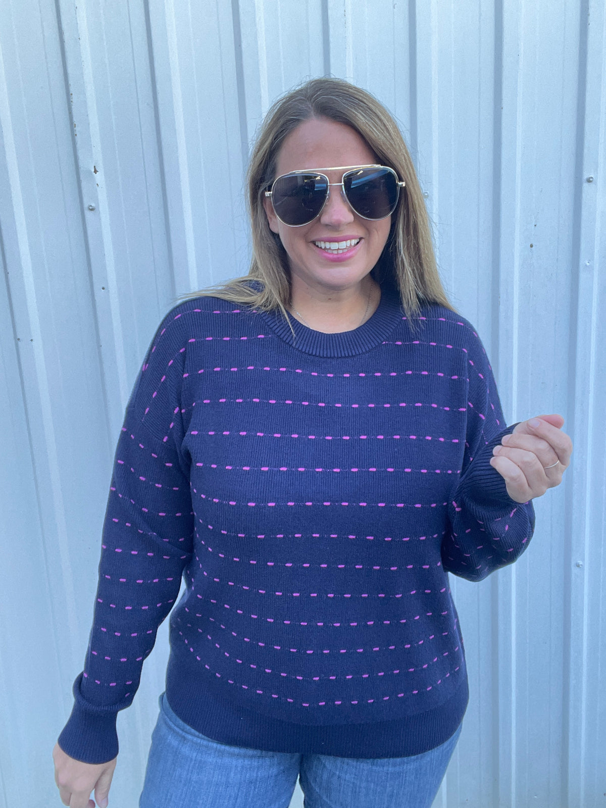 NAVY/FUSCHIA Texture Striped Crew Neck Long Sleeve Pullover Sweater