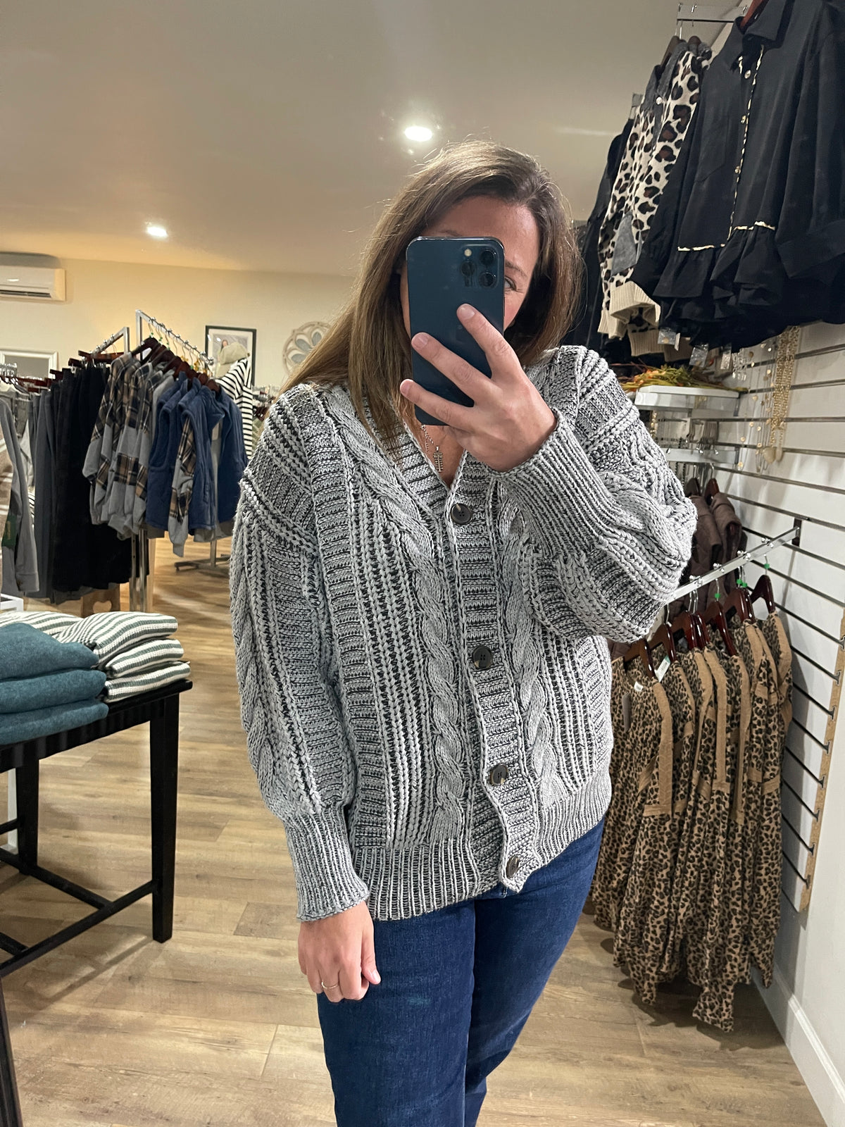 GREY V Neck Button Down Oversized Loose Fit Long Sleeve Two Tone Cable Chunky Sweater