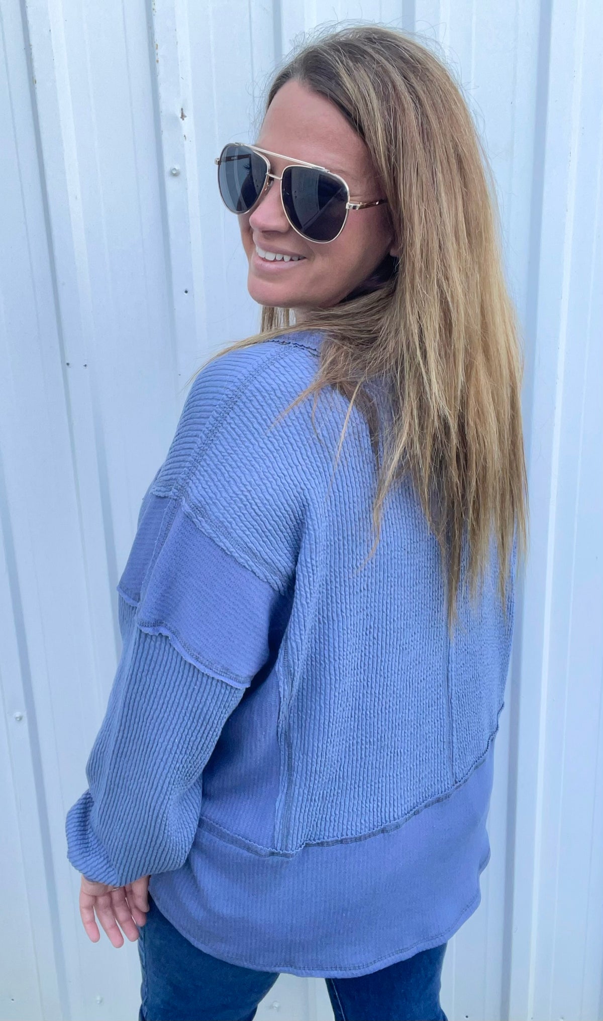 DENIM BLUE TEXTURED LOOSE FIT V NECK KNIT TOP