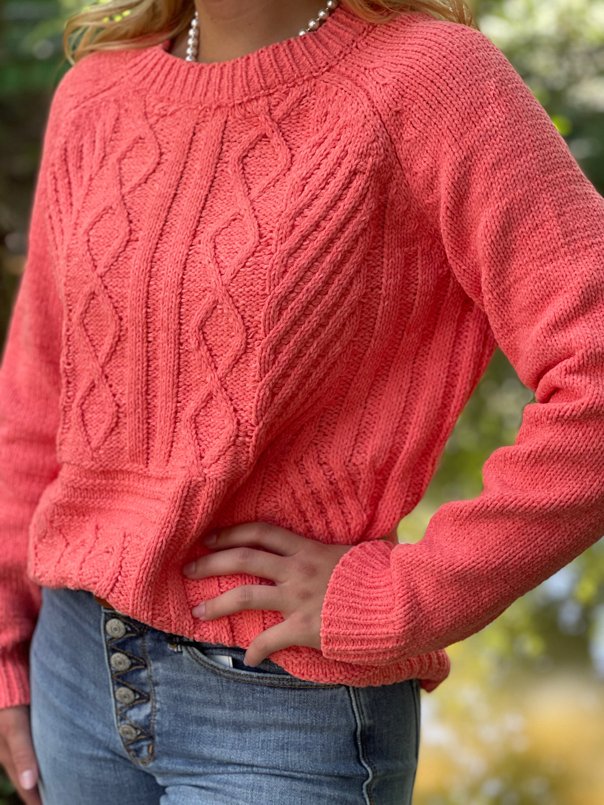 ORANGE CABLE KNIT CHENILLE YARN SWEATER