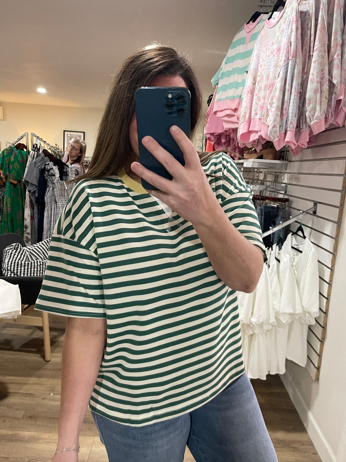GREEN/CREAM STRIPED FRENCH TERRY KNIT TOP W/ YELLOW TRIM