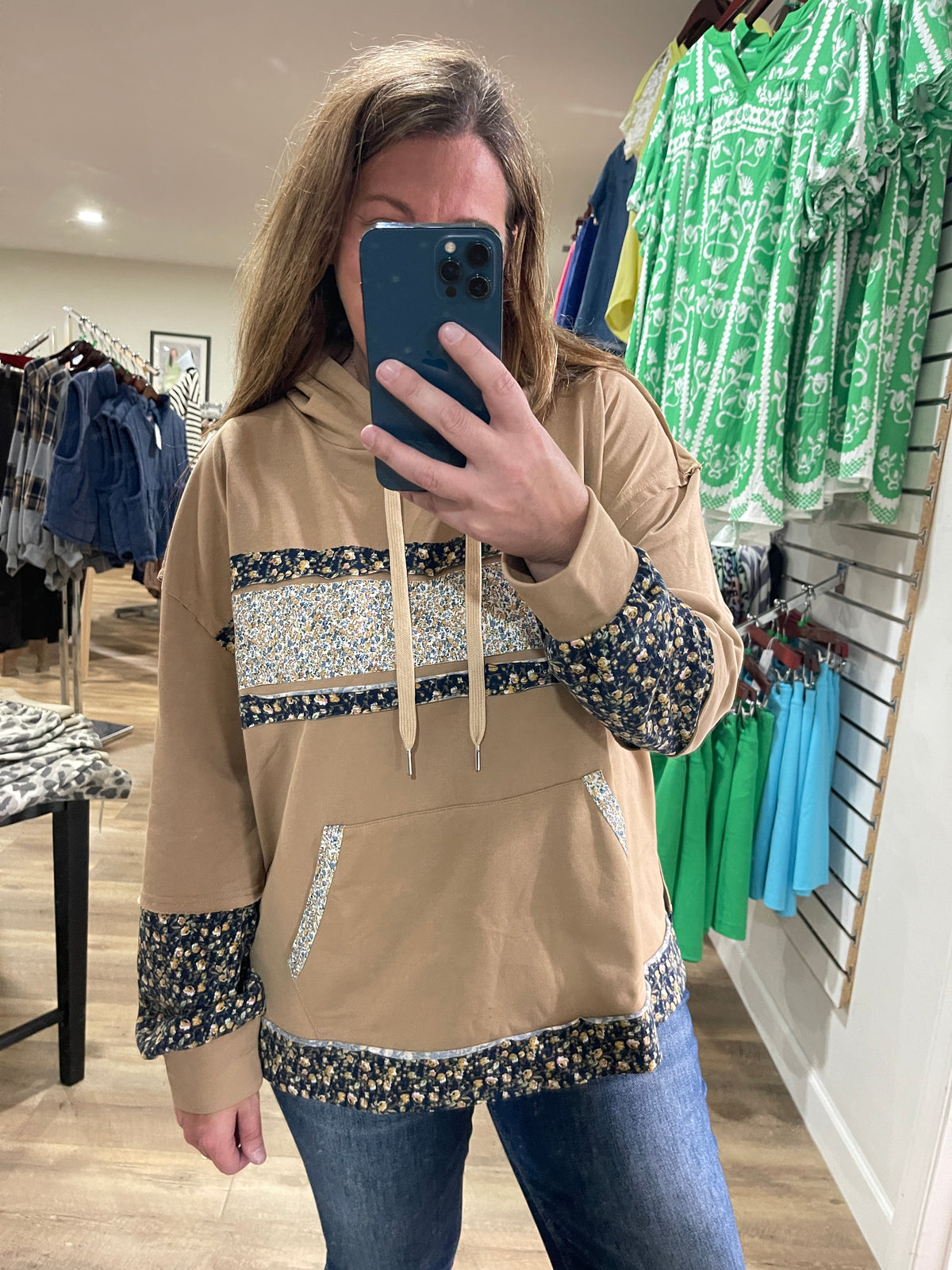 CAMEL FRENCH TERRY COLORBLOCK PATCHWORK HOODED LIGHT WEIGHT PULLOVER