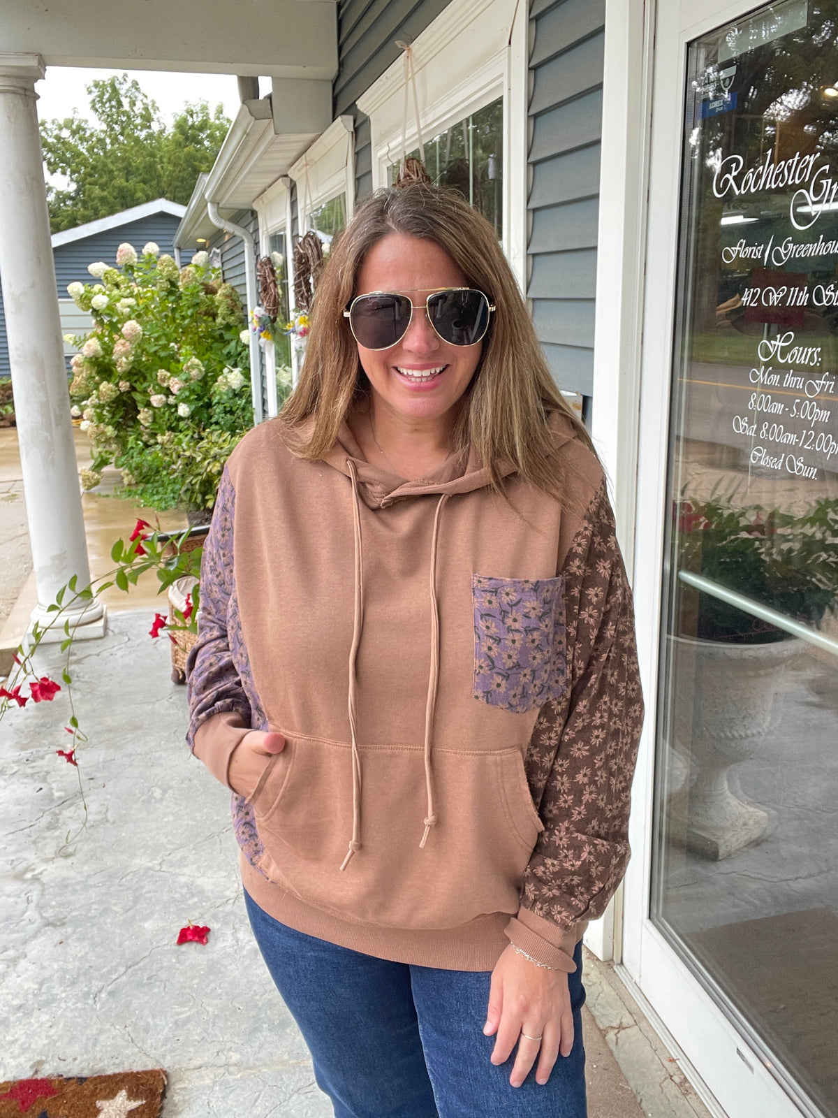 Mocha Floral Colorblock Oversized French Terry Hoodie