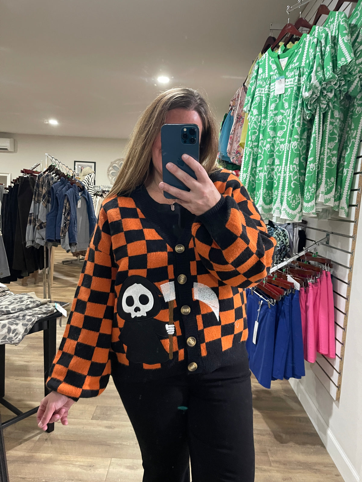 ORANGE/BLACK CHECK GRIM REAPER CARDIGAN