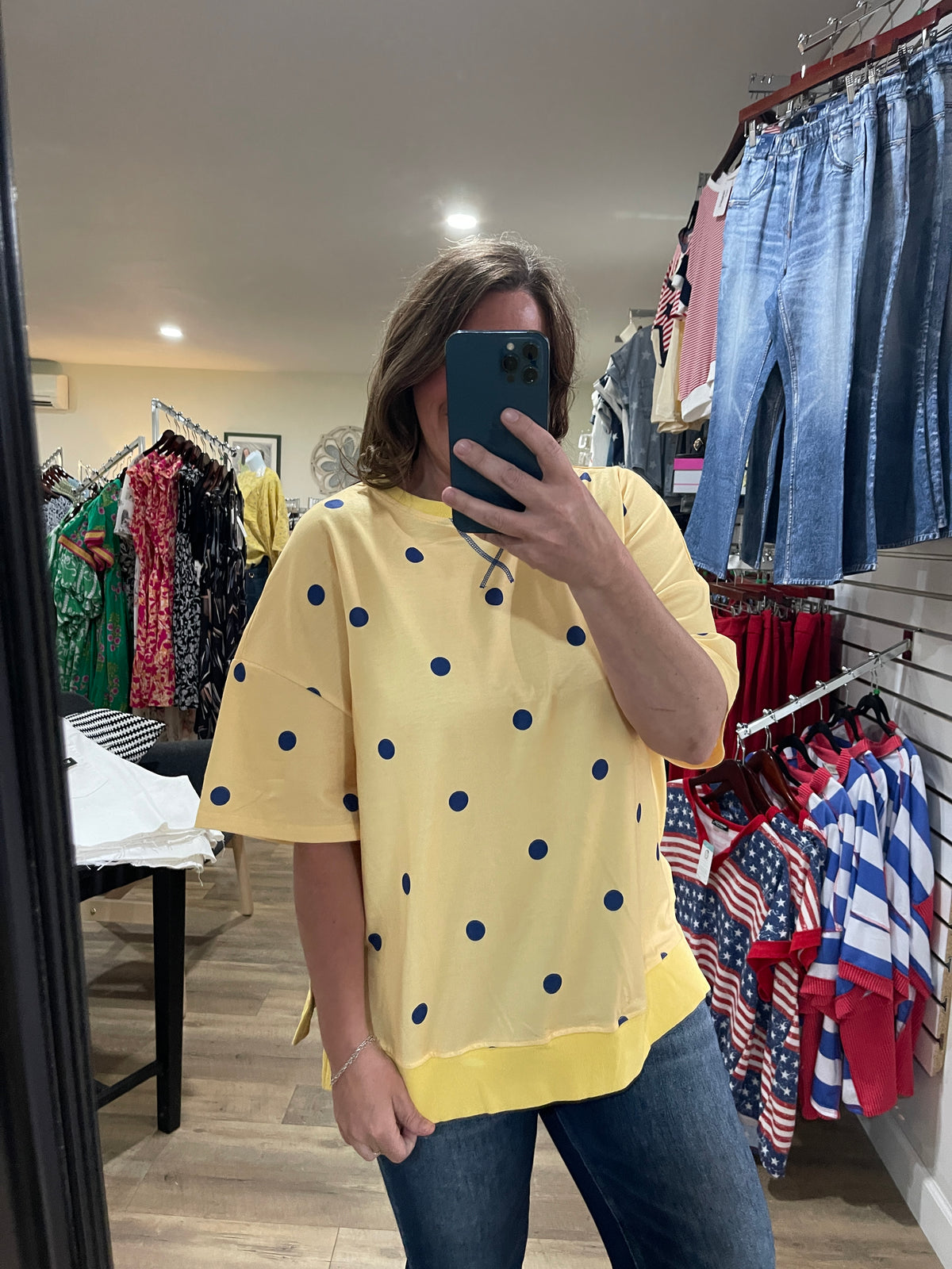 YELLOW/BLUE POLKADOT FRENCH TERRY SIDE SLID TOP