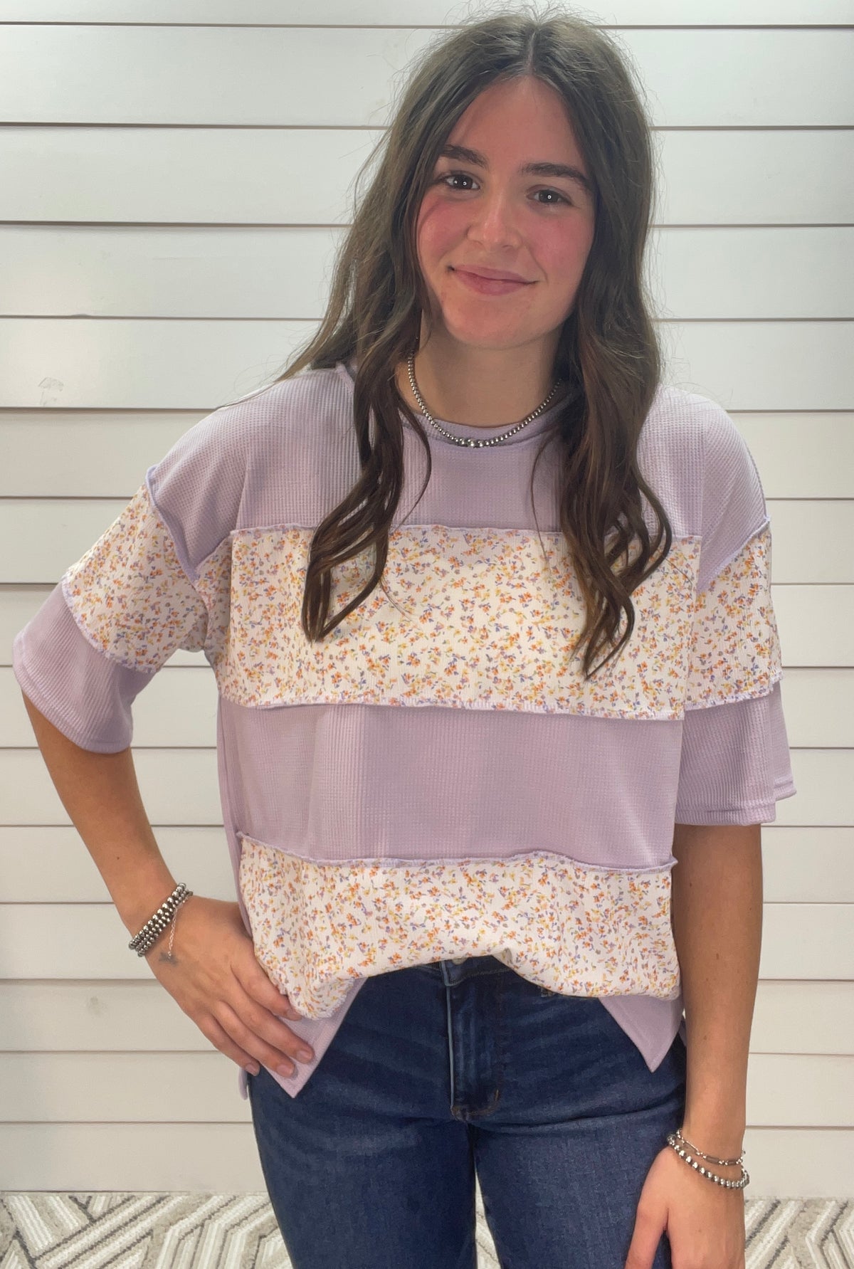 LAVENDER FLORAL WAFFLE COLORBLOCK TOP