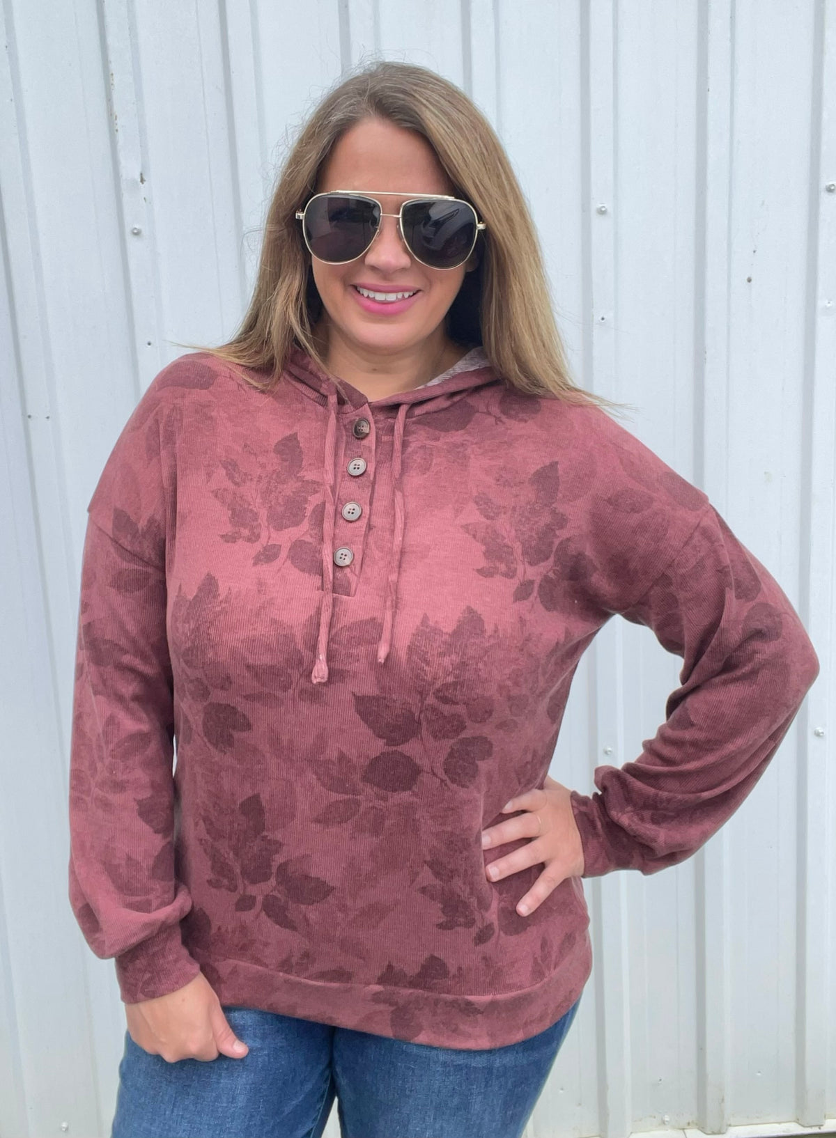 MARSALA Half Button, Long Sleeve, Floral Printed Drawstring Hoodie
