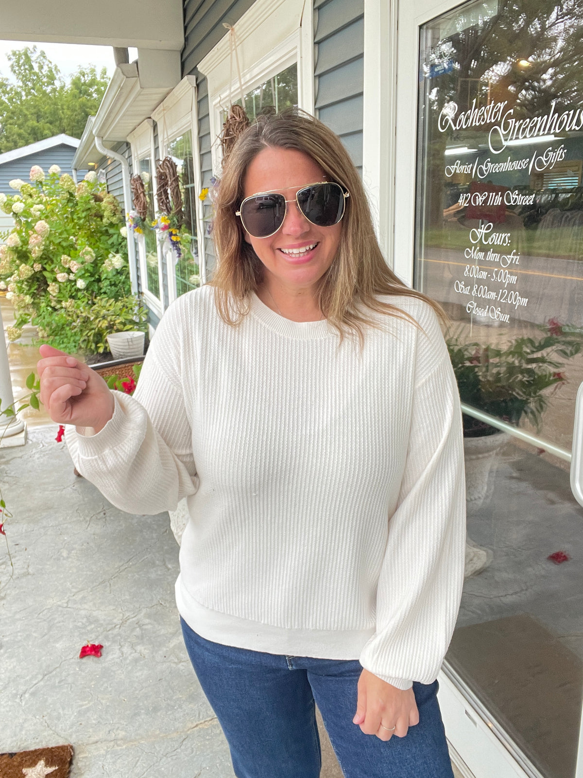 IVORY Textured, Crew Neck, Balloon Sleeve, Pullover Knit Top