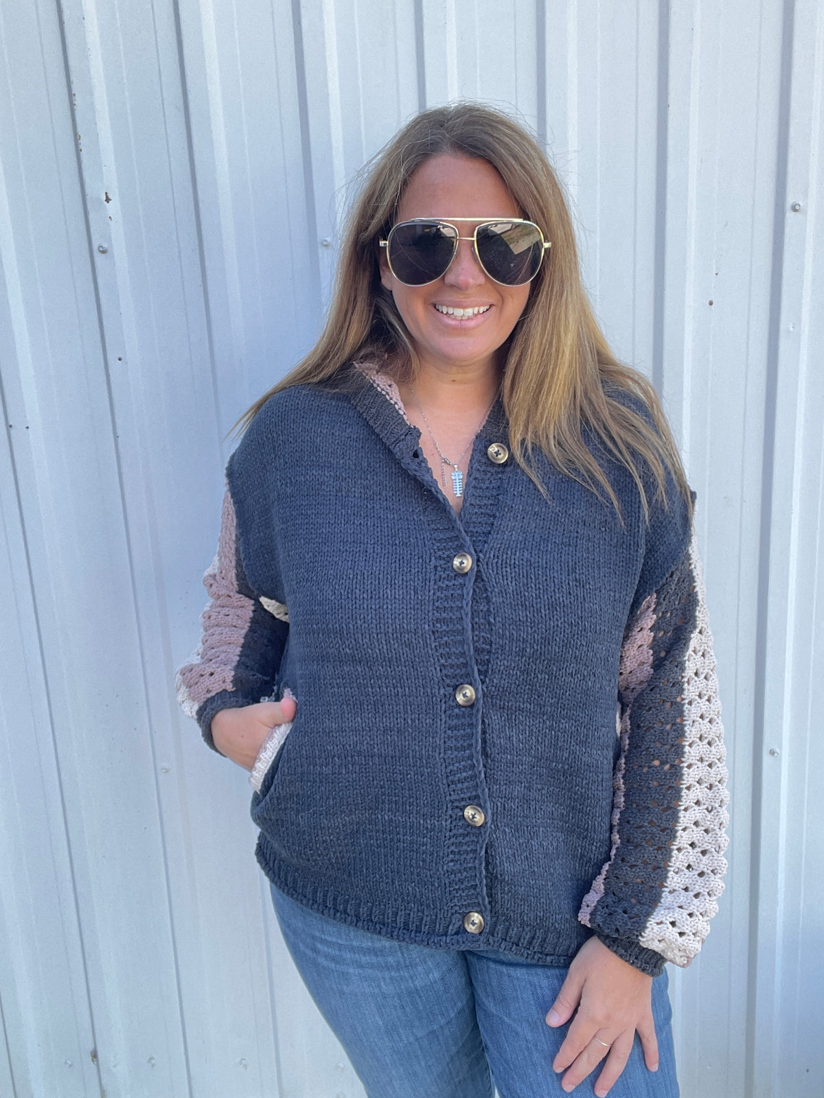 NAVY BUTTON KNIT SWEATER W/ OPEN KNIT COLORBLOCK SLEEVES