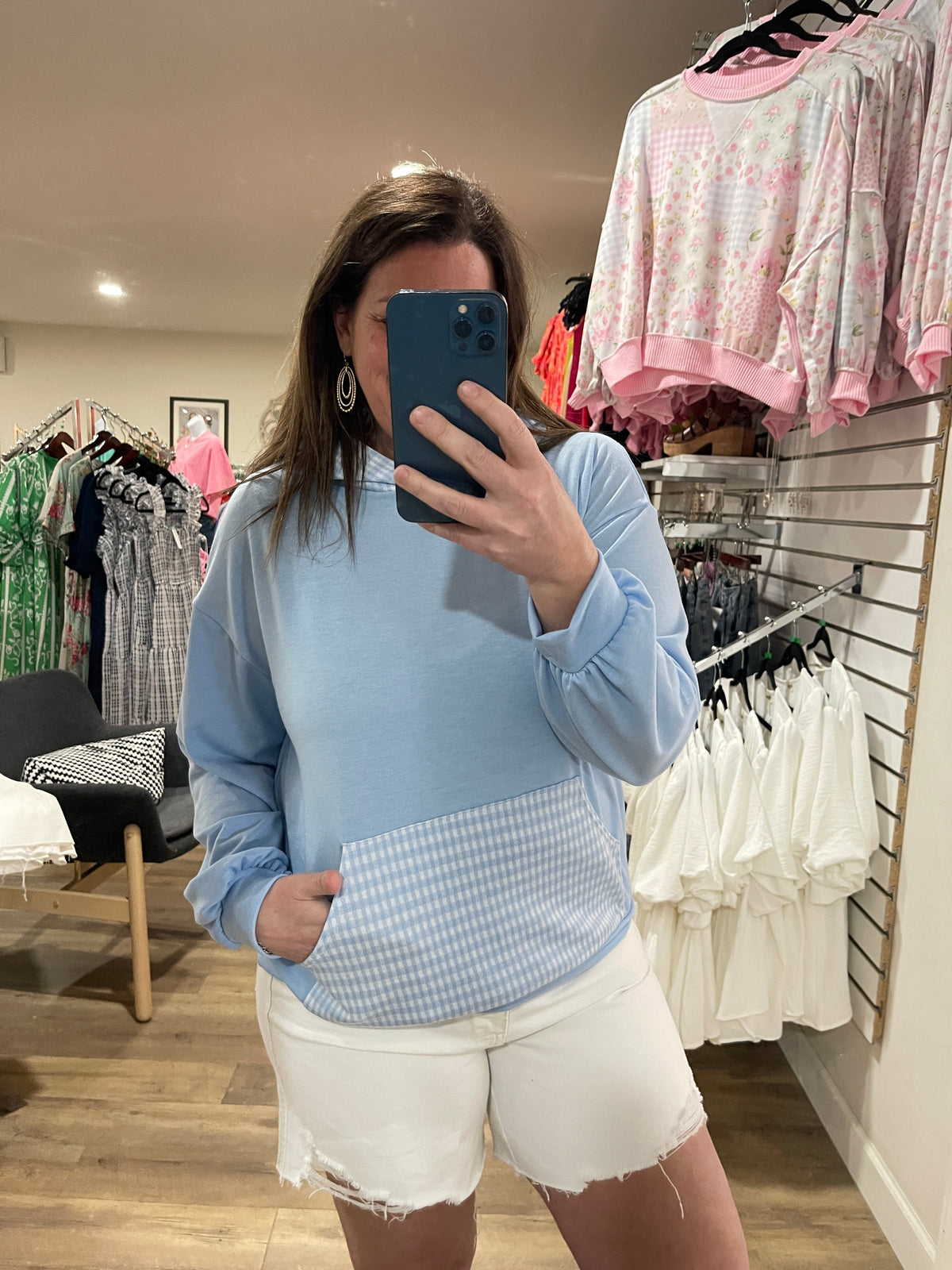 BLUE GINGHAM TRIM LIGHT WEIGHT PULLOVER HOODIE