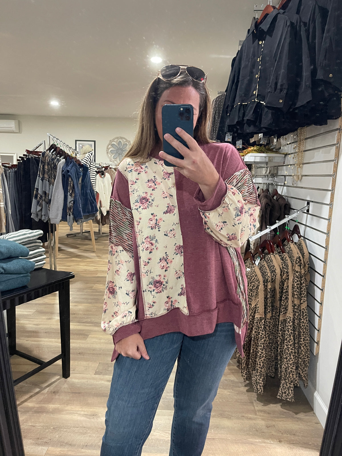 BURDUNDY/TAUPE Round Neck Oversized Loose Fit Pullover Top Featuring Mixed Fabric Paneling