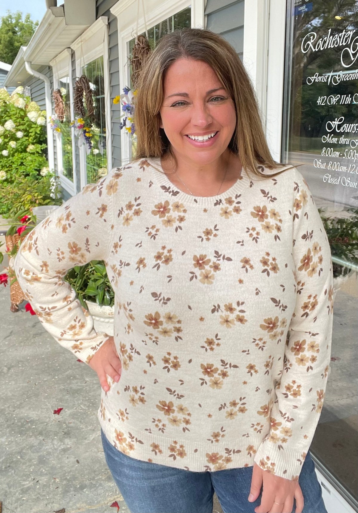 TAUPE Flower Printed, Long Sleeve, Super Soft, Crew Neck Sweater