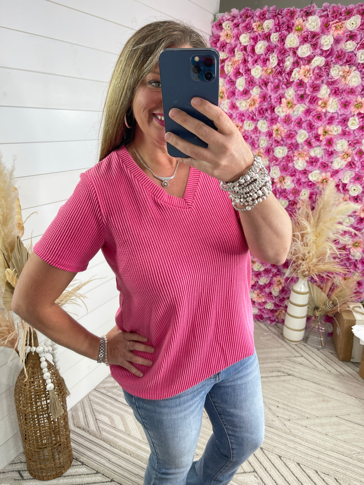 HOT PINK PLUSH RIBBED BASIC V NECK