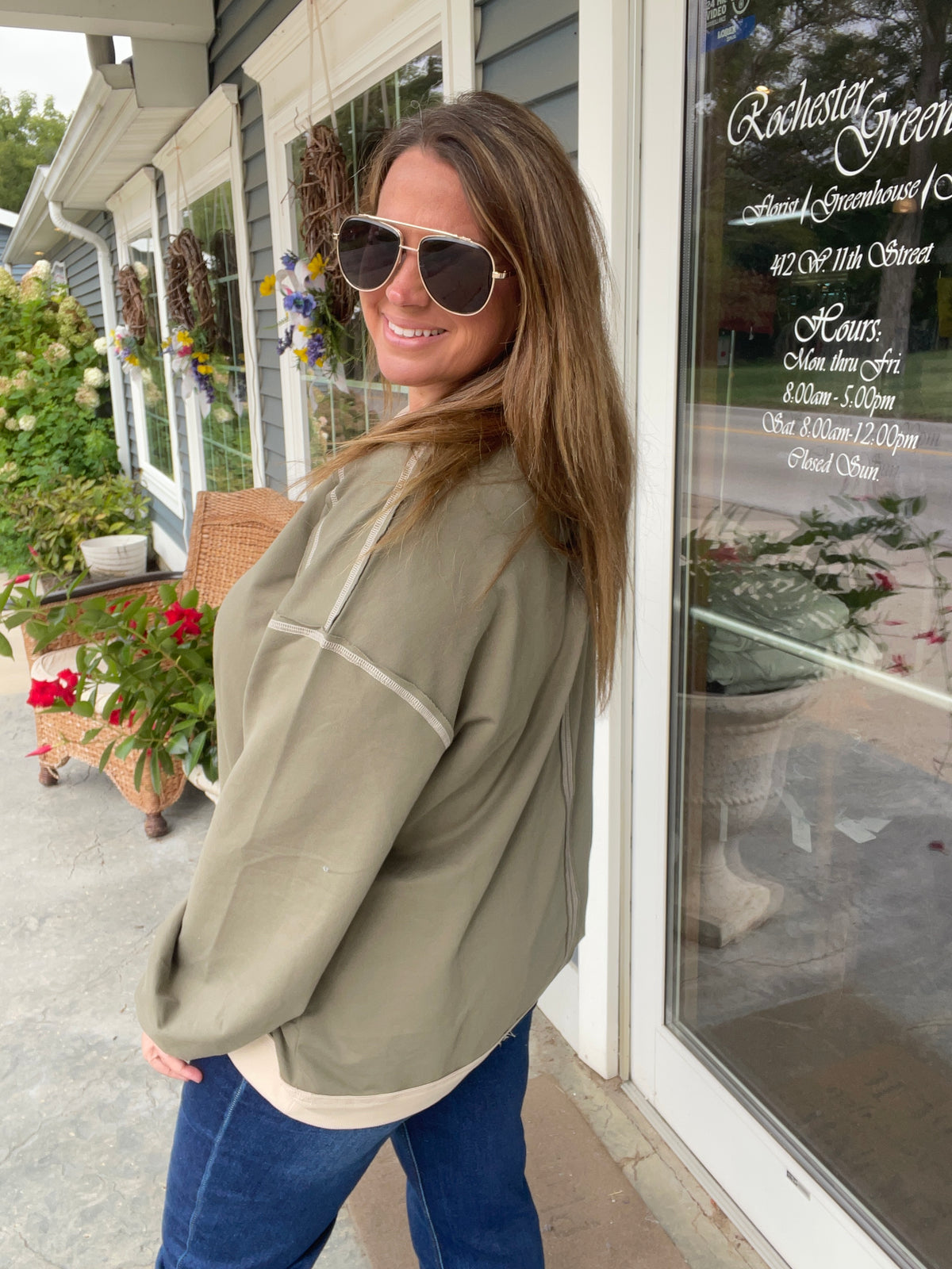 Olive Exposed Seam Contrast Trim Knit Top