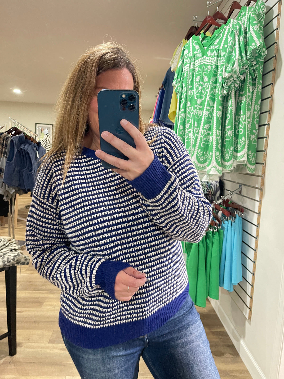 NAVY Color Trimmed Long Sleeve 2 Tone Waffle Striped Crew Neck Pullover Sweater