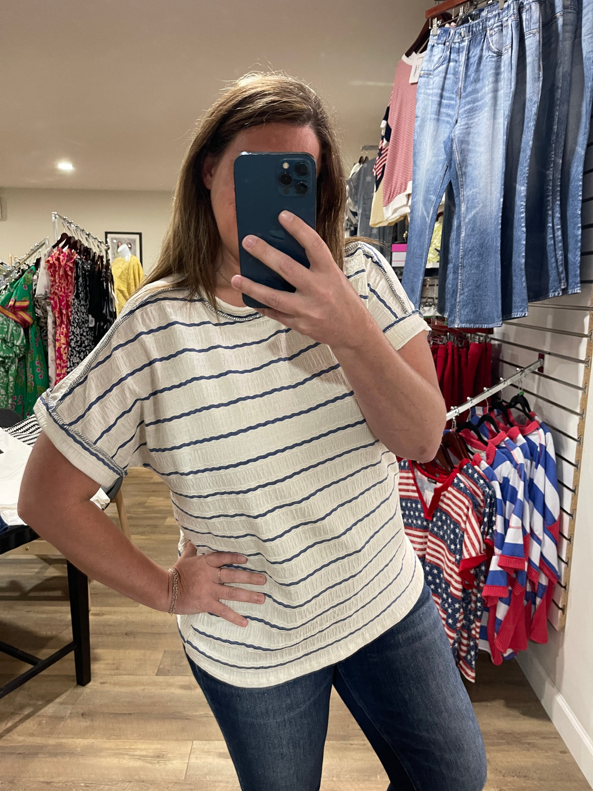CREAM/BLUE STRIPED TEXTURED KNIT TOP