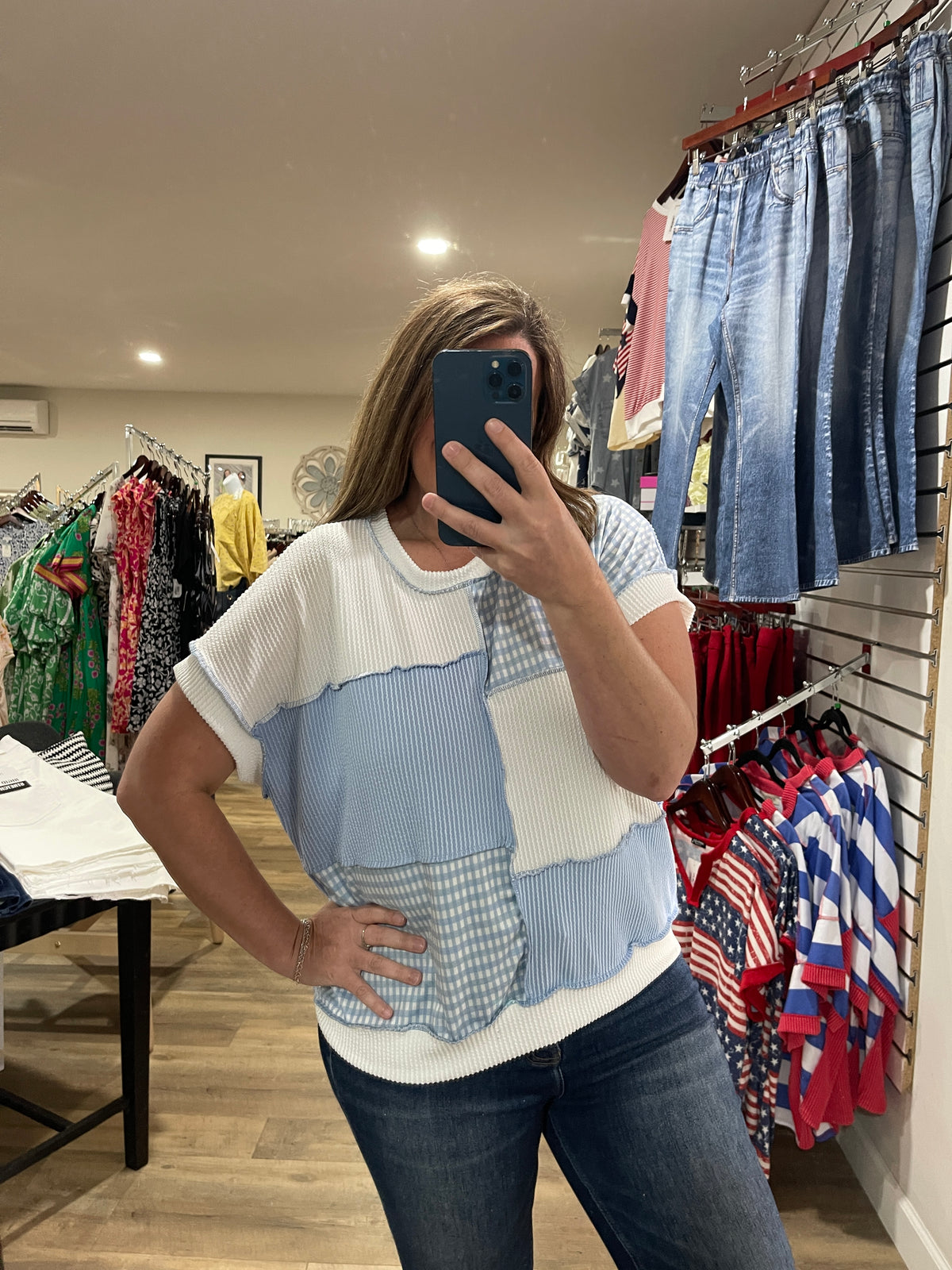 LT BLUE GINGHAM COLORBLOCK KNIT TOP