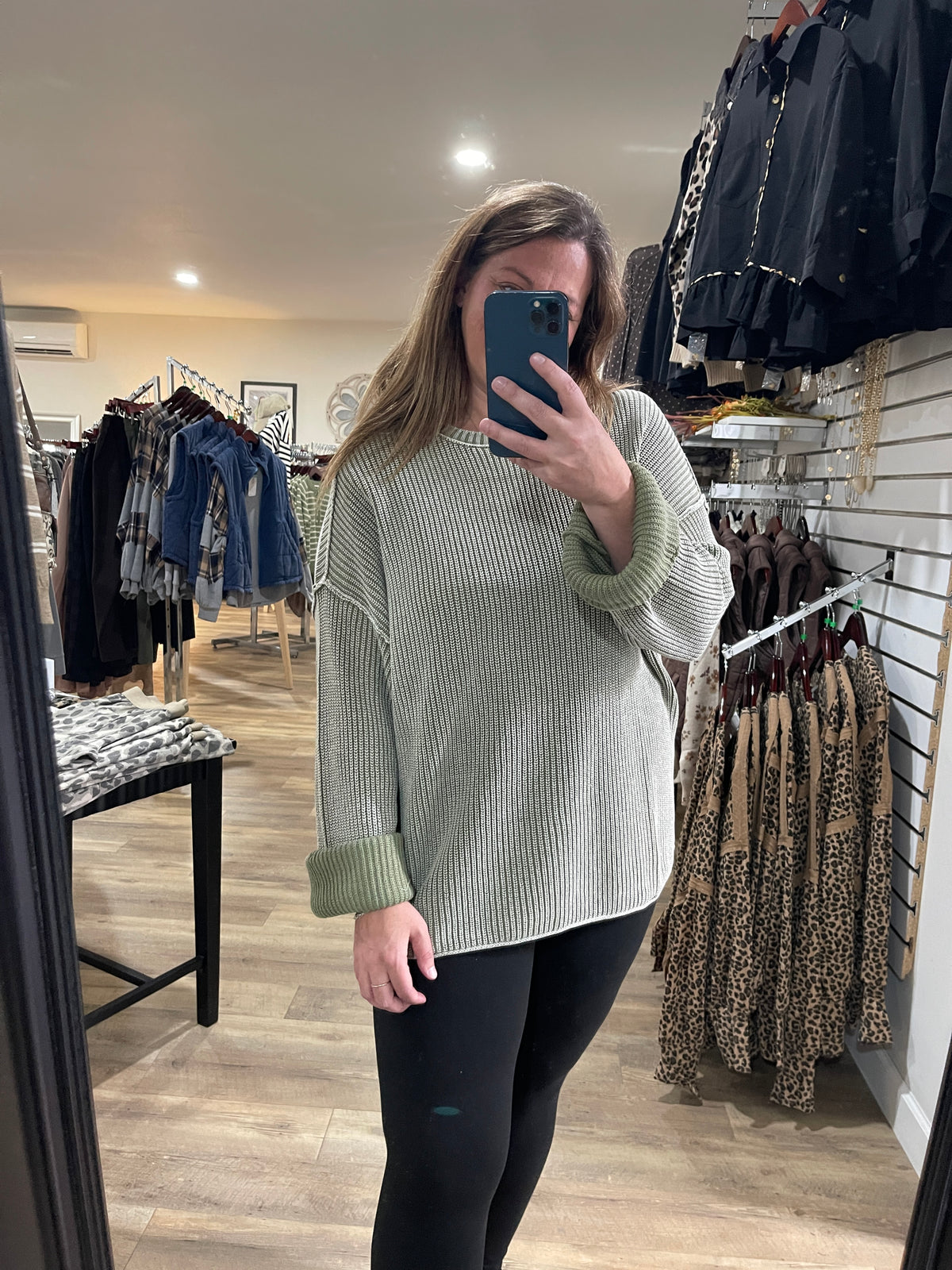 Light Olive Washed Ribbed Long Sleeve Folded Cuff Knit Sweater