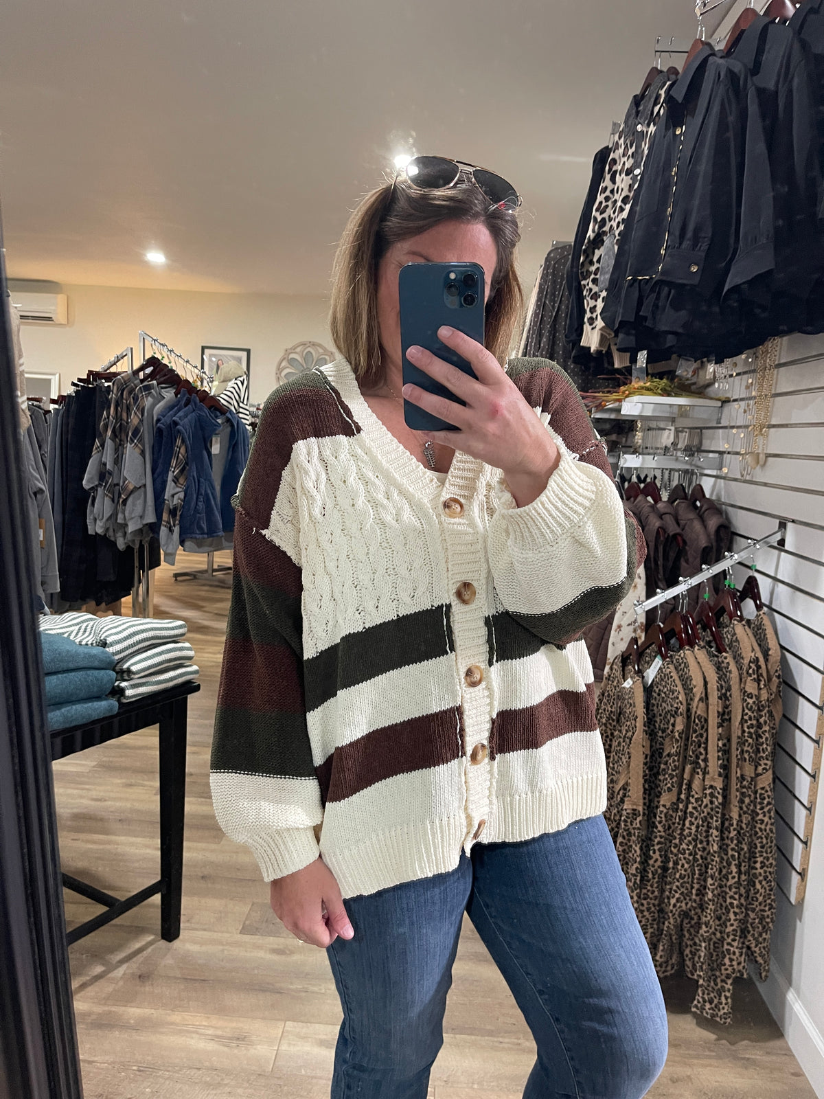IVORY/BROWN/OLIVE CABLE KNIT OVERSIZE BUTTON CARDIGAN/SWEATER