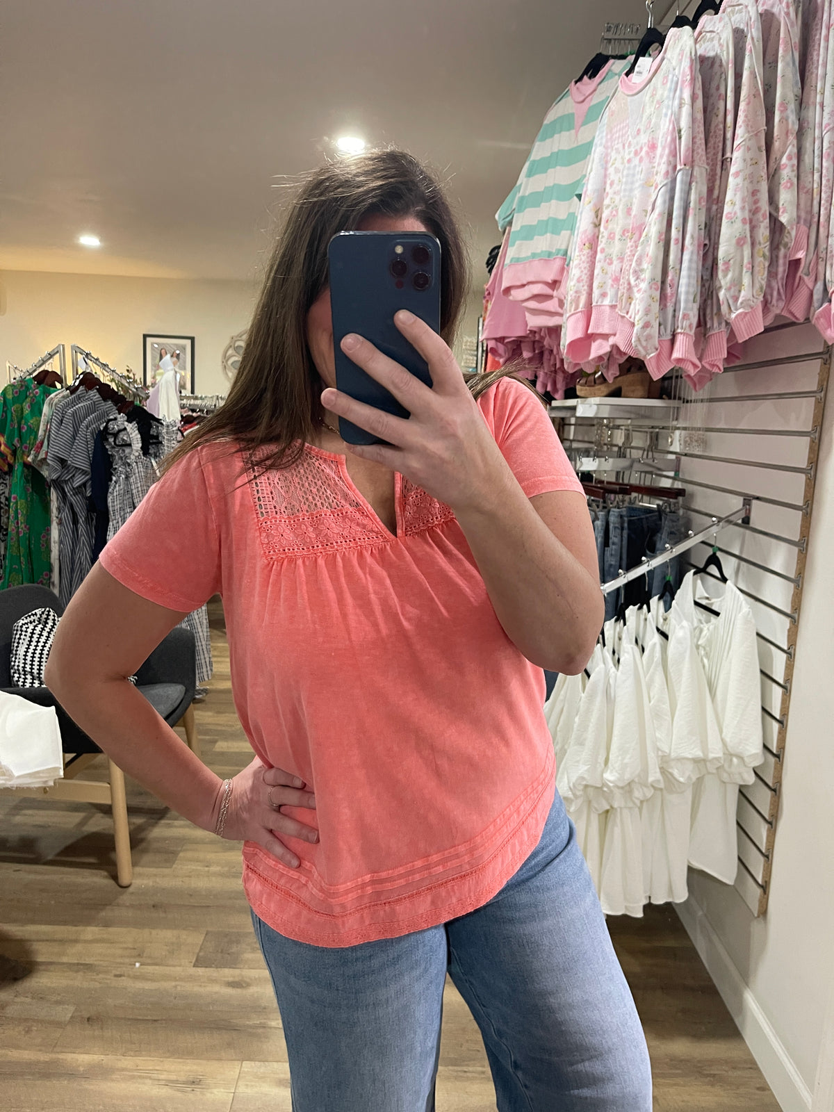 CORAL LACE TRIM MINEAL WASH KNIT TOP