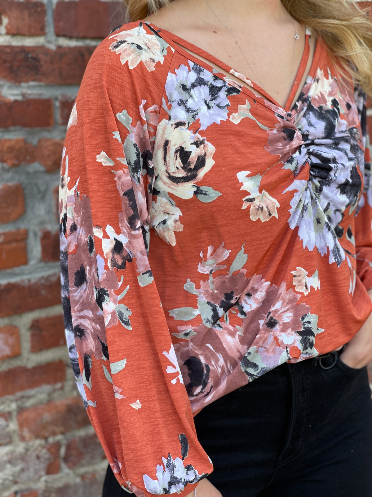 RUST FLORAL PRINT ROUCHING STRAP DETAIL LONG SLEEVE TOP