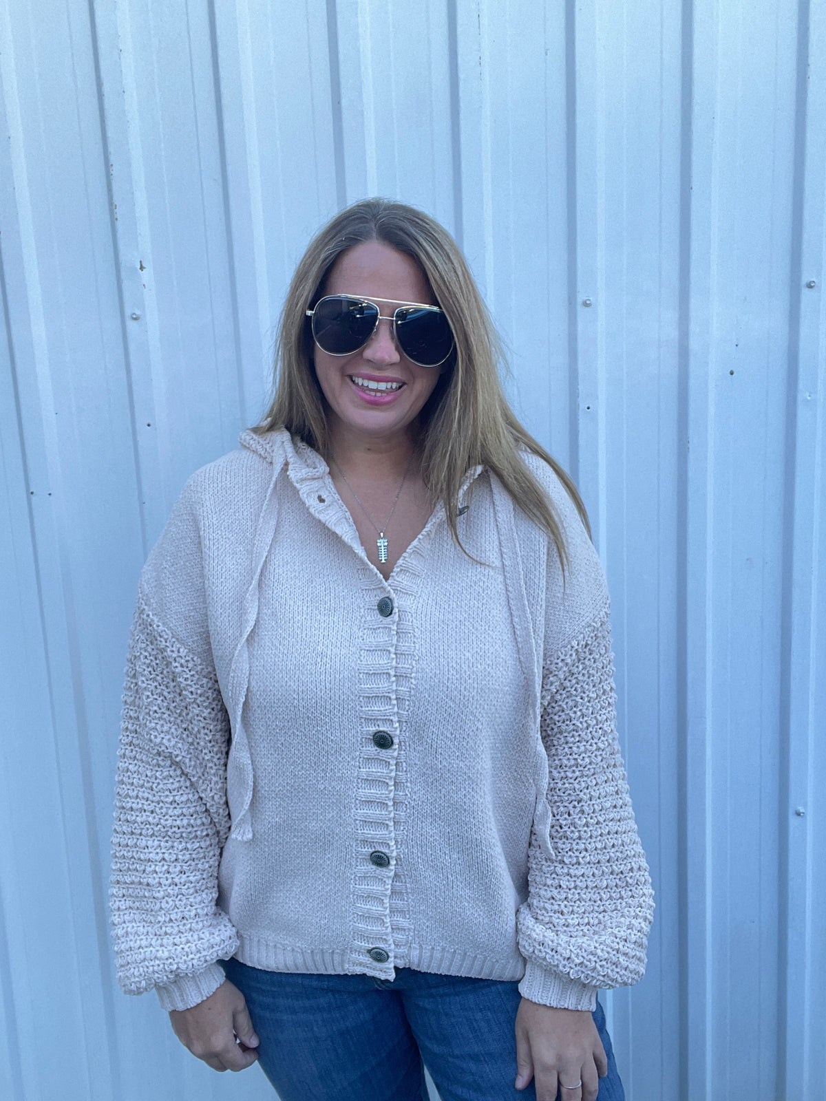 BEIGE BUTTON DOWN HOODED OVERSIZED SWEATER WITH KNITED SLEEVES