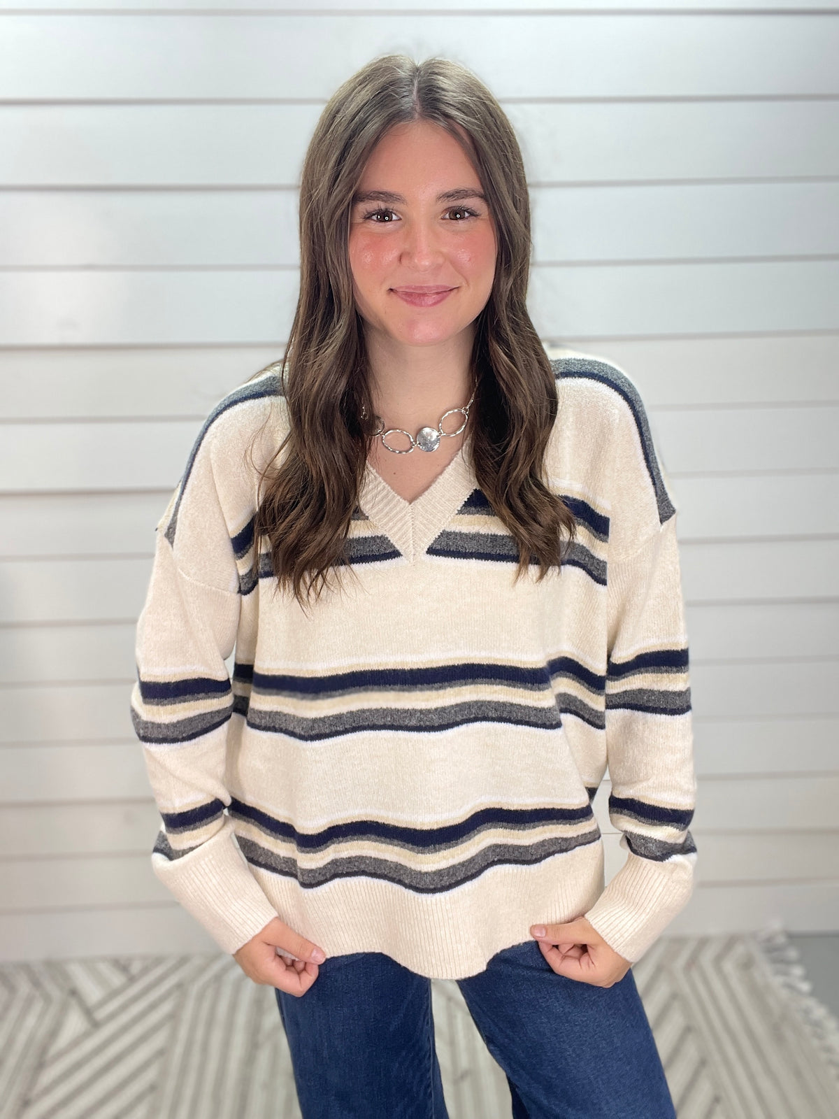 OATMEAL STRIPED V NECK KNIT SWEATER