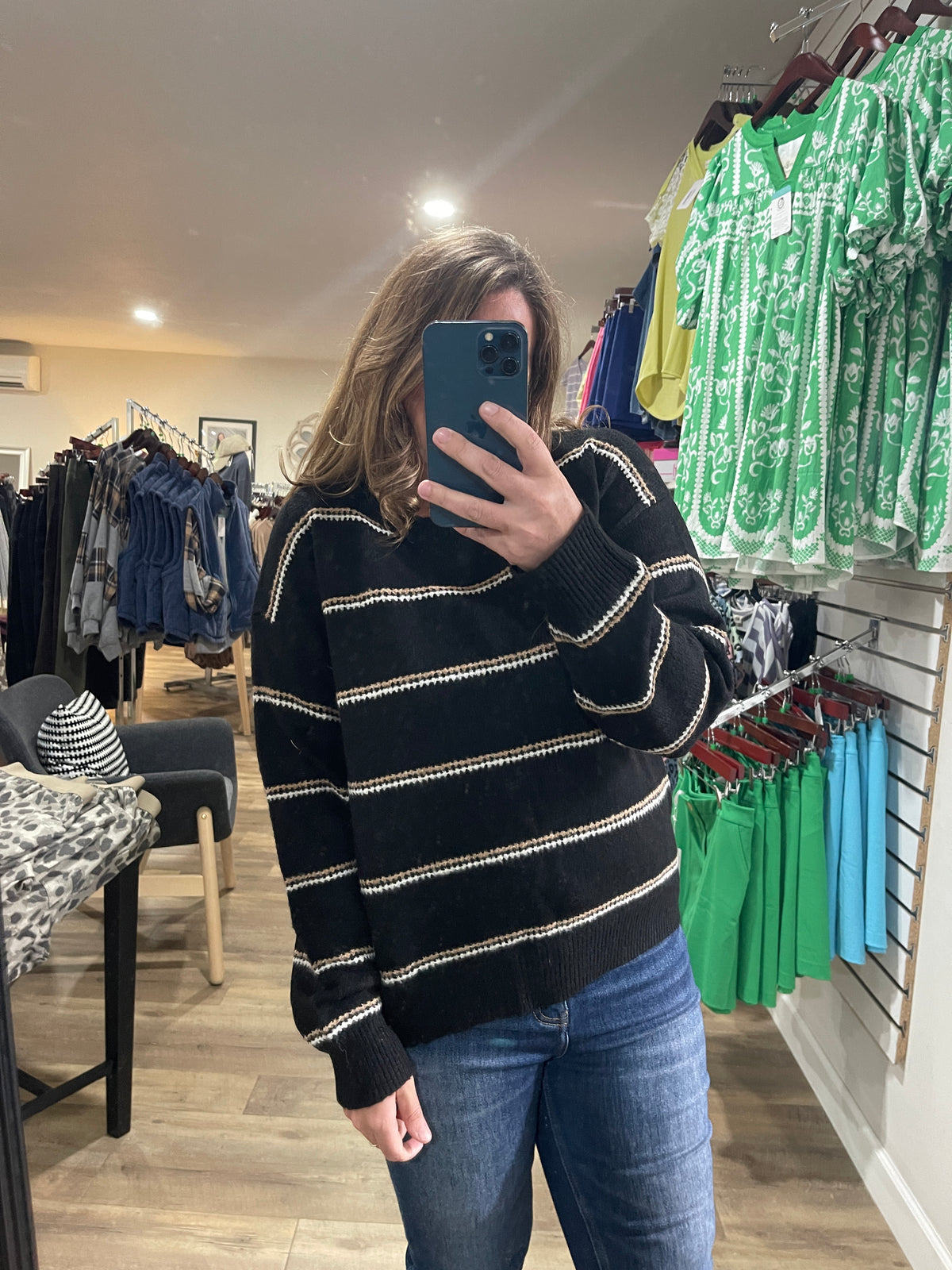 BLACK/TAUPE/WHITE STRIPED KNIT SWEATER